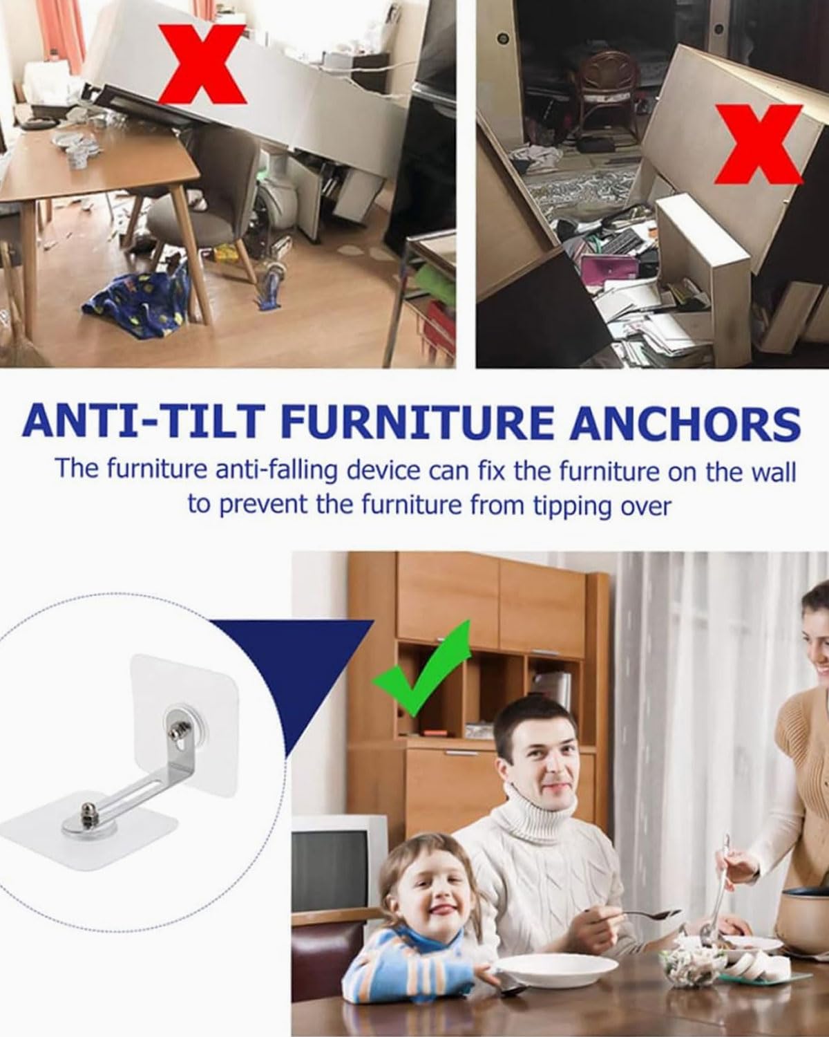 Ancoraggi da Parete per Mobili-4Pcs, Ancoraggio Antiribaltamento per Mobili Come Armadi per Mobili, per Mobili Come Armadi per Mobili per Protezione Bambini Animali Domestici,Senza Forare