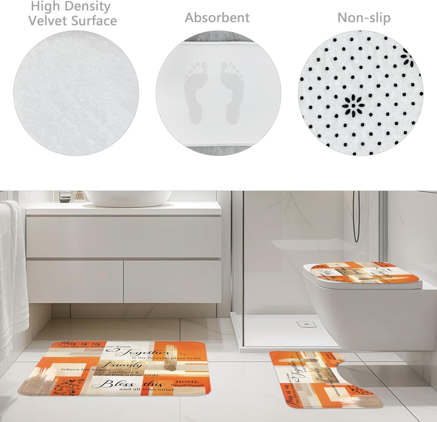 Riyidecor Beige Orange Abstract 4Pcs Bathroom Shower Curtain Sets Oil Painting Inspirational Quotes Bathroom Decor Set with Rugs and Accessories Gold Toilet Lid Rug, Contour and Bath Mat with 12 Hooks