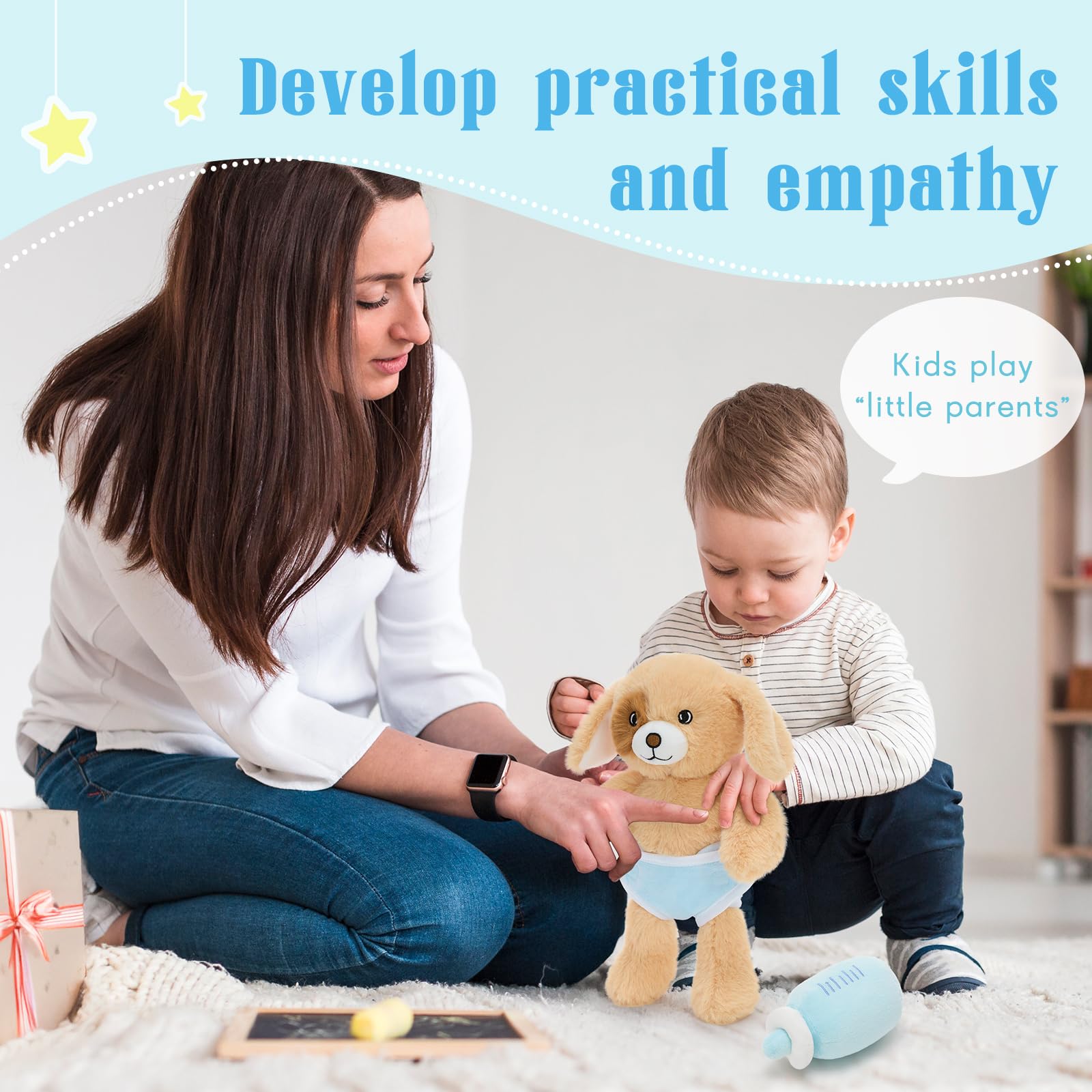 Tezituor Peluche cucciolo di peluche con pannolino, bottiglia per il latte, coperta e cestino, giocattoli per far finta di giocare per bambini carino set per neonati