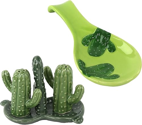 Juego de estufa de cerámica con salero y pimentero y soporte para cuchara, cactus