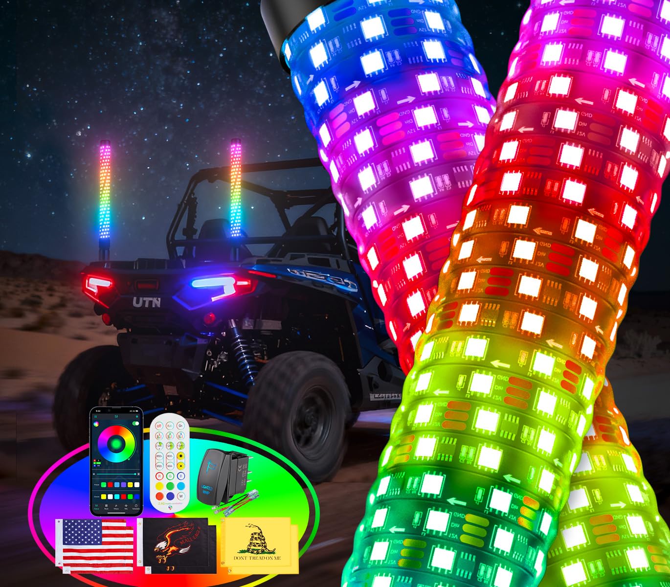 ehaho 2pcs 3ft fat whip lights for utv atv, led fatty whip light w/rocker switch & 6 flags, brighter spiral chasing lighted antenna whip with app & remote control for rzr sxs can-am x3 off-road