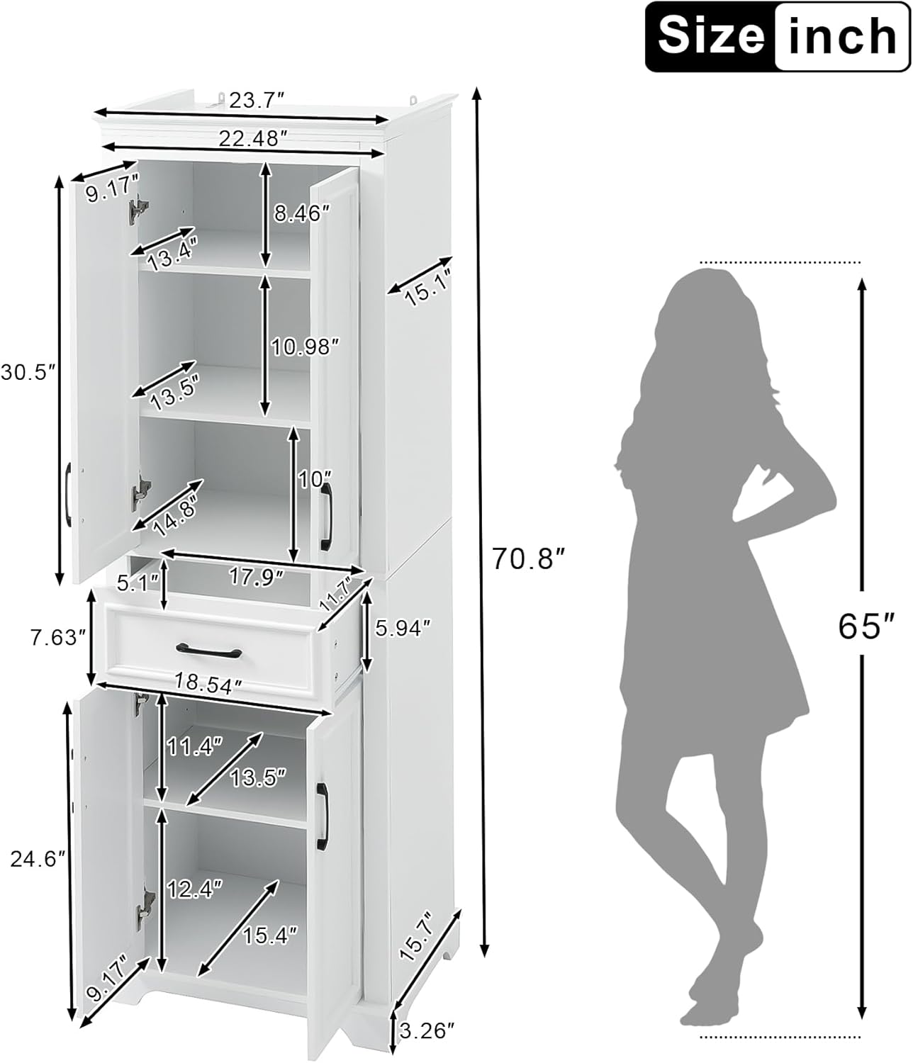 70.8'' Tall Narrow Storage Cabinet with 4 Doors, Modern Bathroom Cabinet with Adjustable Shelves, for Bathroom, White
