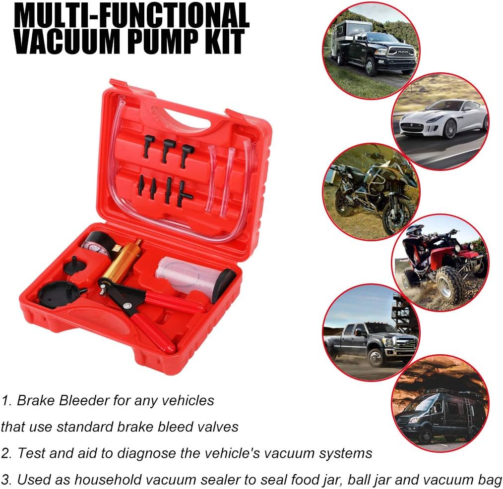 JIFETOR Hand Vacuum Pump Tester and Brake Clutch Bleeder Tool 2-in-1 Kit, One-Man Handheld Automotive Brake Fluid Bleeding Set, with Gauge Jar Adapters for Bike Motorcycle Car Truck Diagnosis