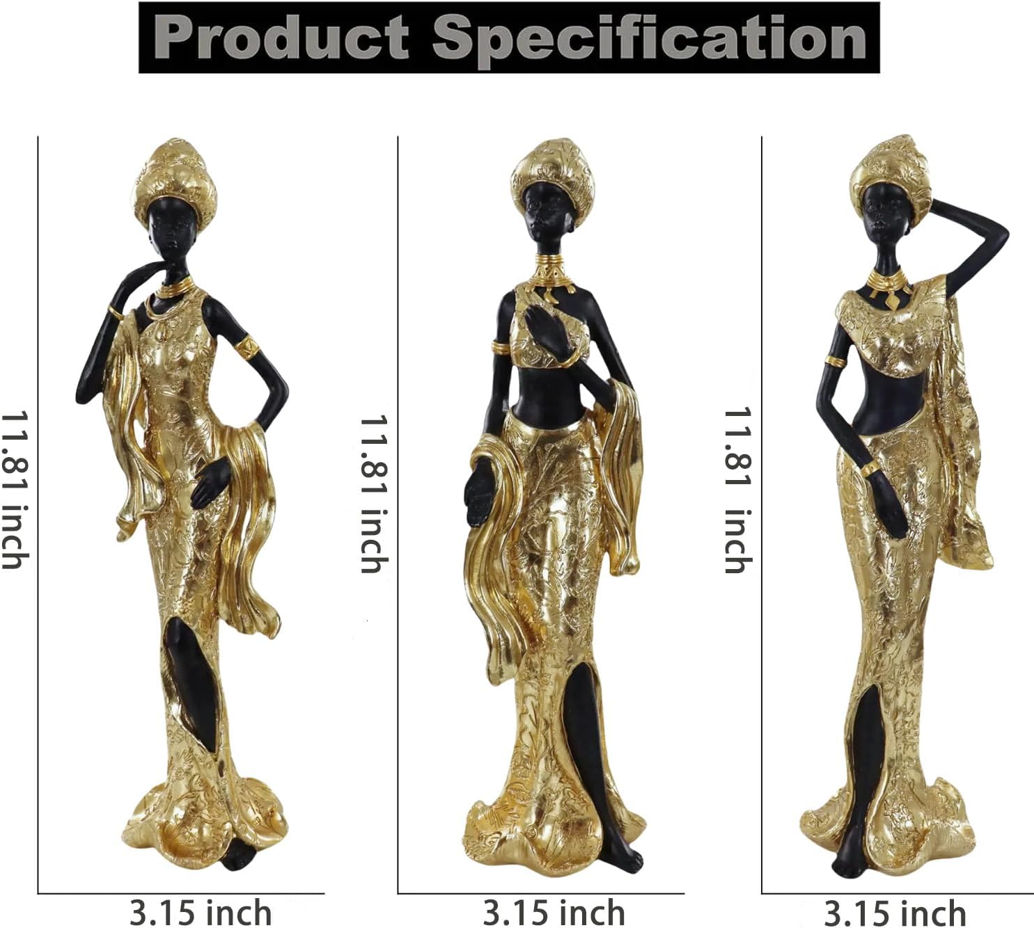 Set of 3 Resin African Woman Statues – Elegant Tribal Figurines in Gold Dresses, Afrocentric Home Decor Sculptures for Living Room, Bookshelf, Gift - Image 6