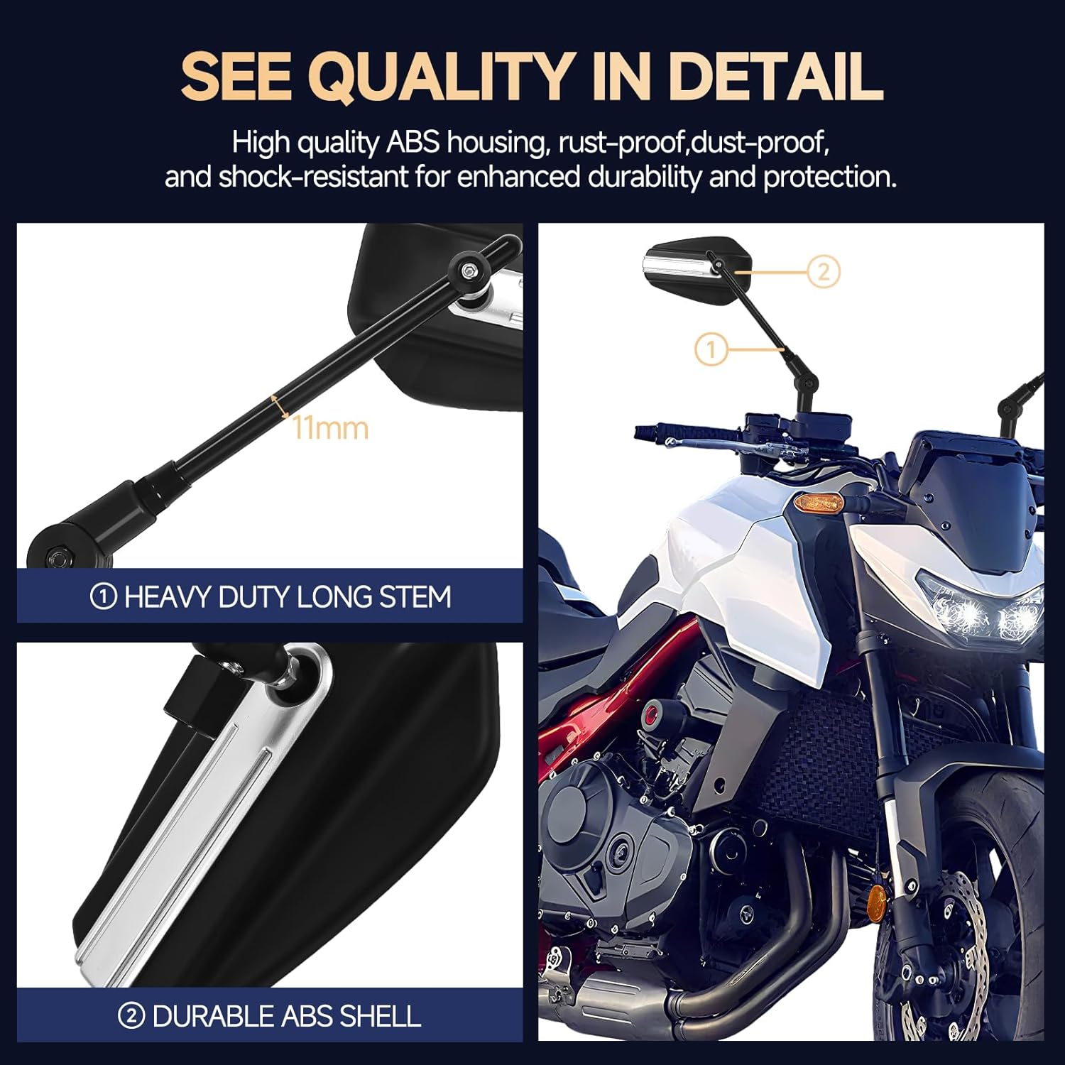Universal Motorcycle Mirrors for Handlebars - Long Stem Adjustable Motorcycle Rearview Mirrors Compatible with Honda CB750 CB500 CBR650R Kawasaki Z900 Z800 Z125 Pro Yamaha MT-03 MT-07 MT-09 MT-10