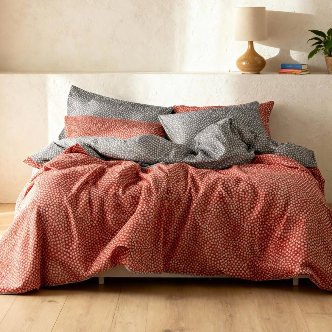 Leruum Orange Polka Dot King Size Duvet Cover Set 100% Percale Cotton Bedding Grey