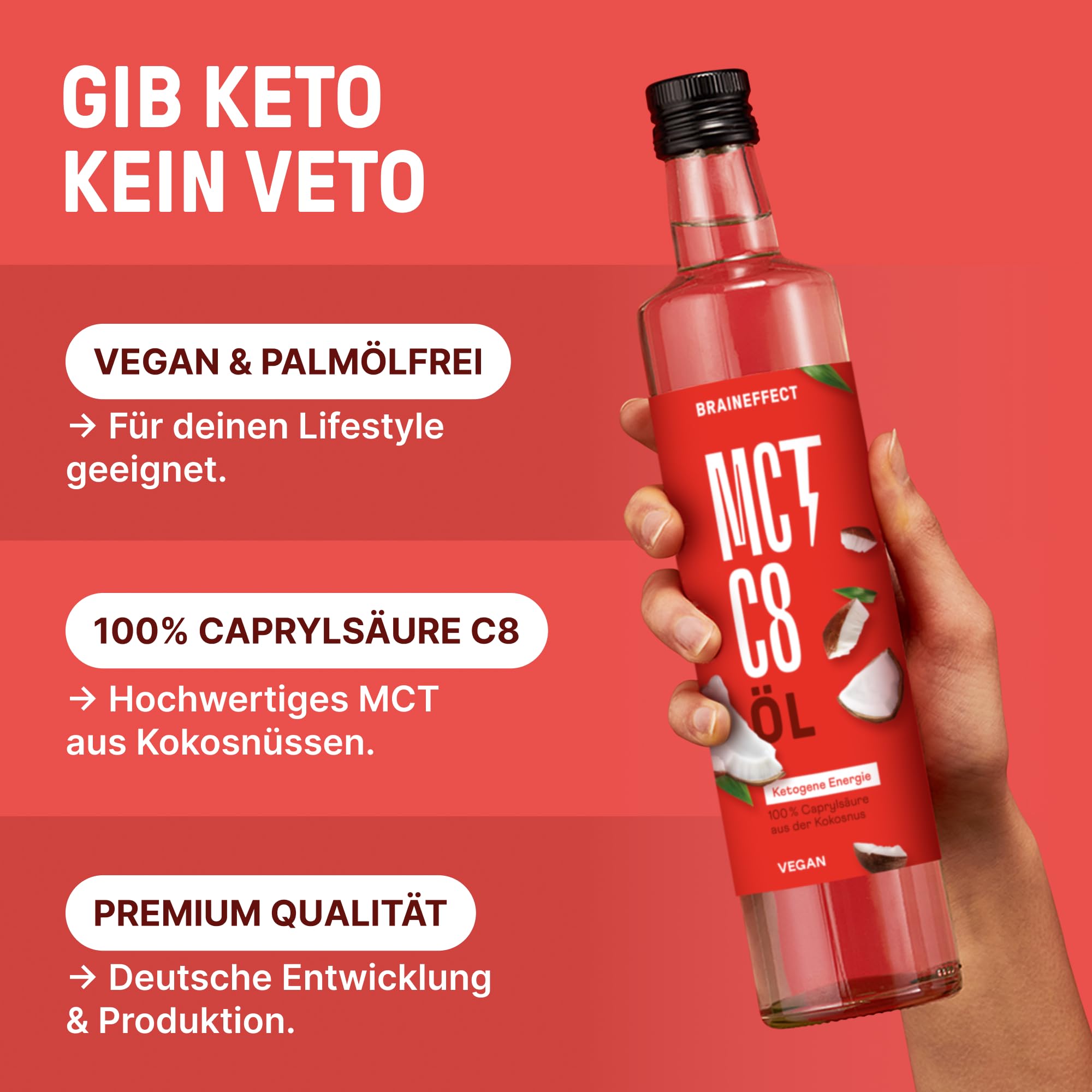 BRAINEFFECT MCT-Öl C8 BUNDLE (2 * 500ml) - Bildet 300% mehr Ketone als andere MCT-Öle (100% C8) - Ketogene Ernährung - Reiner Extrakt aus Kokosnussöl - Ideal für ketogene Diät & Bulletproof Coffee