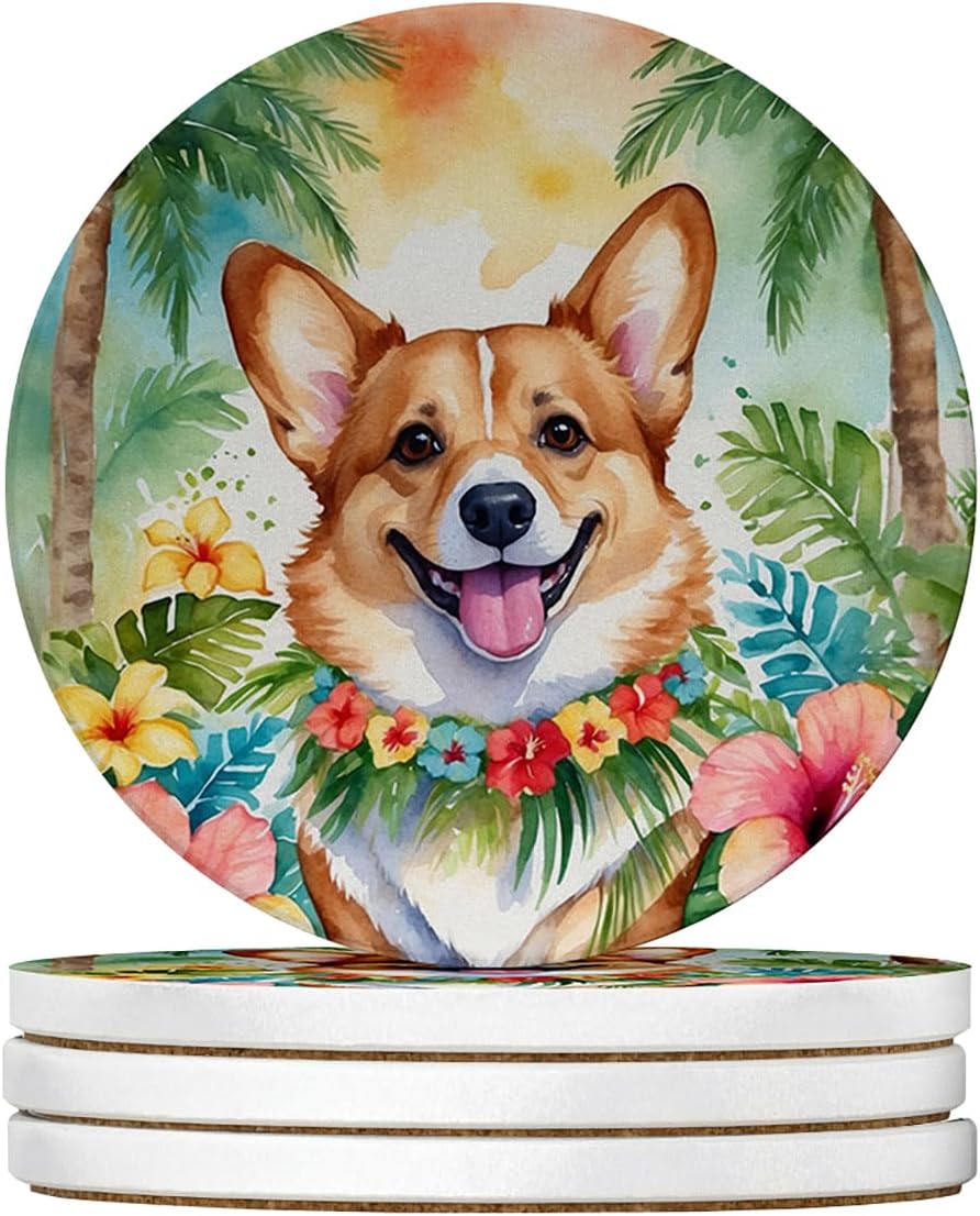 Caroline's Treasures Corgi Luau Large Sandstone Coasters Pack of 4 Absorbent Round Coasters Decor Gifts for Men or Women, 4 in, Multicolor