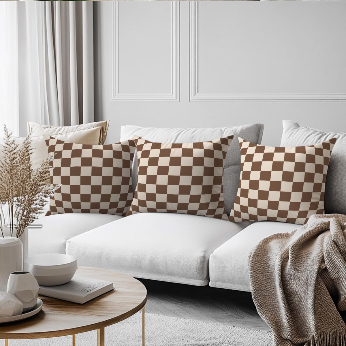 Brown Checkered Pillow Covers 18x18 Pack of 2, Classic Plaid Chessboard Design Throw Pillow Covers, Pillow Covers for Living Room Bedroom Home Sofa Couch Decor, Aesthetic Cushion Covers Pillow Cases - Image 4