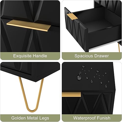 Miniatura 6 de Black Nightstand Set of 2, Modern Bedside Table with 2 Drawers Storage, Wood End Side Table Night Stand with Gold Legs for Bedroom Living Room