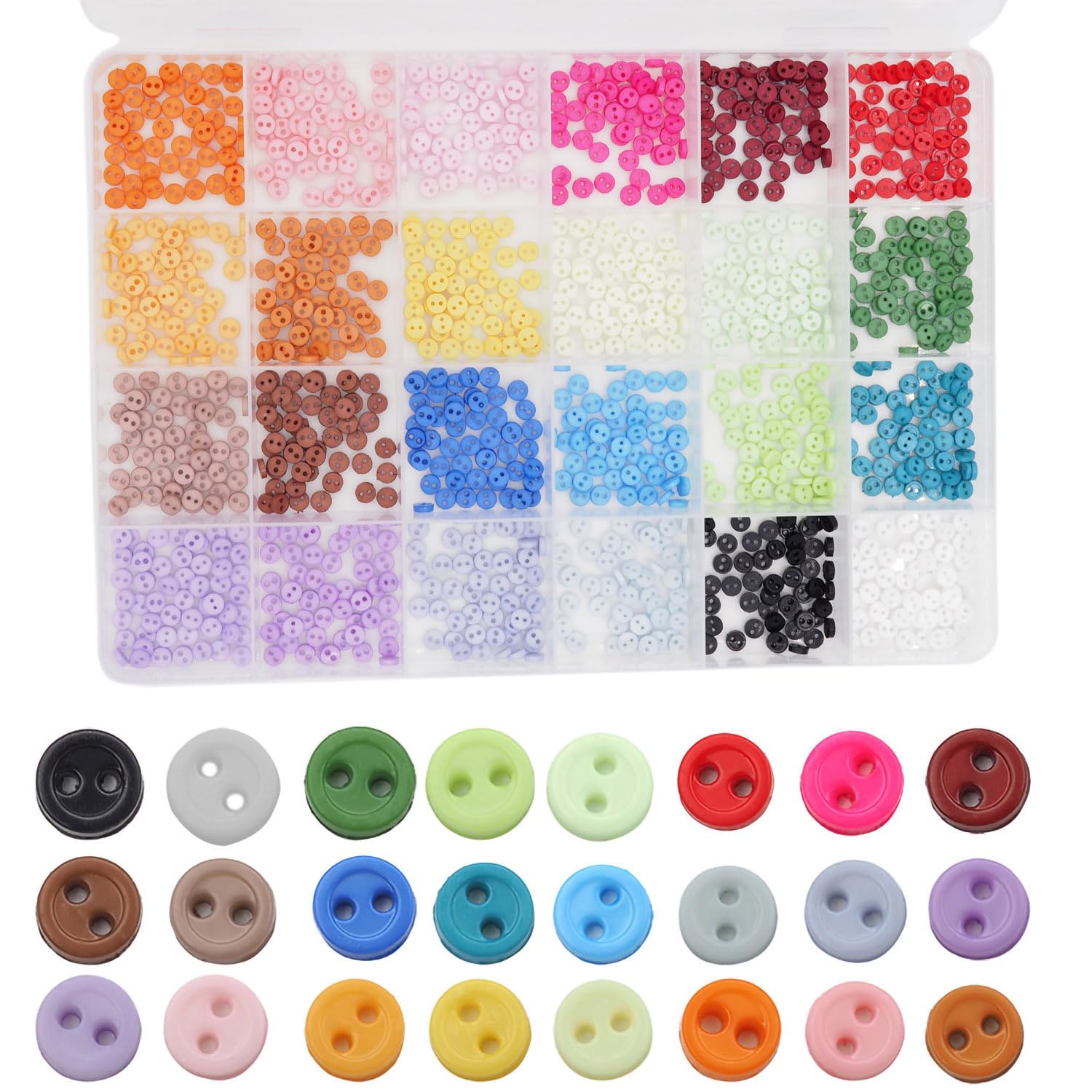 Sempiterno ミニチュア プラスチックボタン 2つ穴 4mm 手作り部品 DIYで作る ドール人形 ぬいぐるみのため ドール服 縫製材料 収納ボックス付き (4mm,24色混合1200個セット)