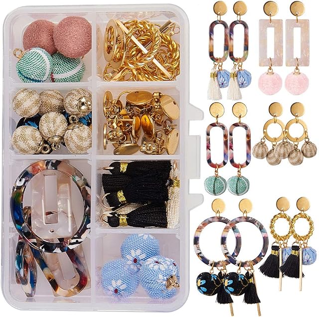 SUNNYCLUE 1 Box DIY 6 Pairs Resin Earrings Making Kit Bohemian Oval Circle Square Stud Earrings with Tassel Drop Fabric Covered Pendants jewellery Arts Craft for Beginners Women Stainless Steel