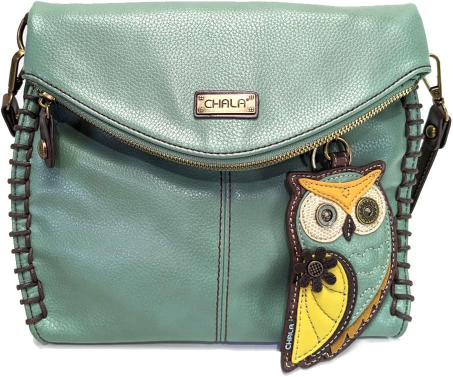Chala Charming Teal Crossbody Bag With Flap Top and Zipper or Shoulder Handbag (Mini Ivory Cat)