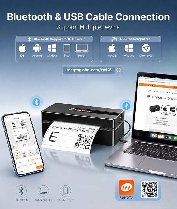 Rongta Bluetooth Thermal Shipping Label Printer: 4x6 Wireless Label Maker for Small Business - Compatible with Windows, Mac, iPhone& Android, Widely Used for Amazon Shopify Etsy(Black)