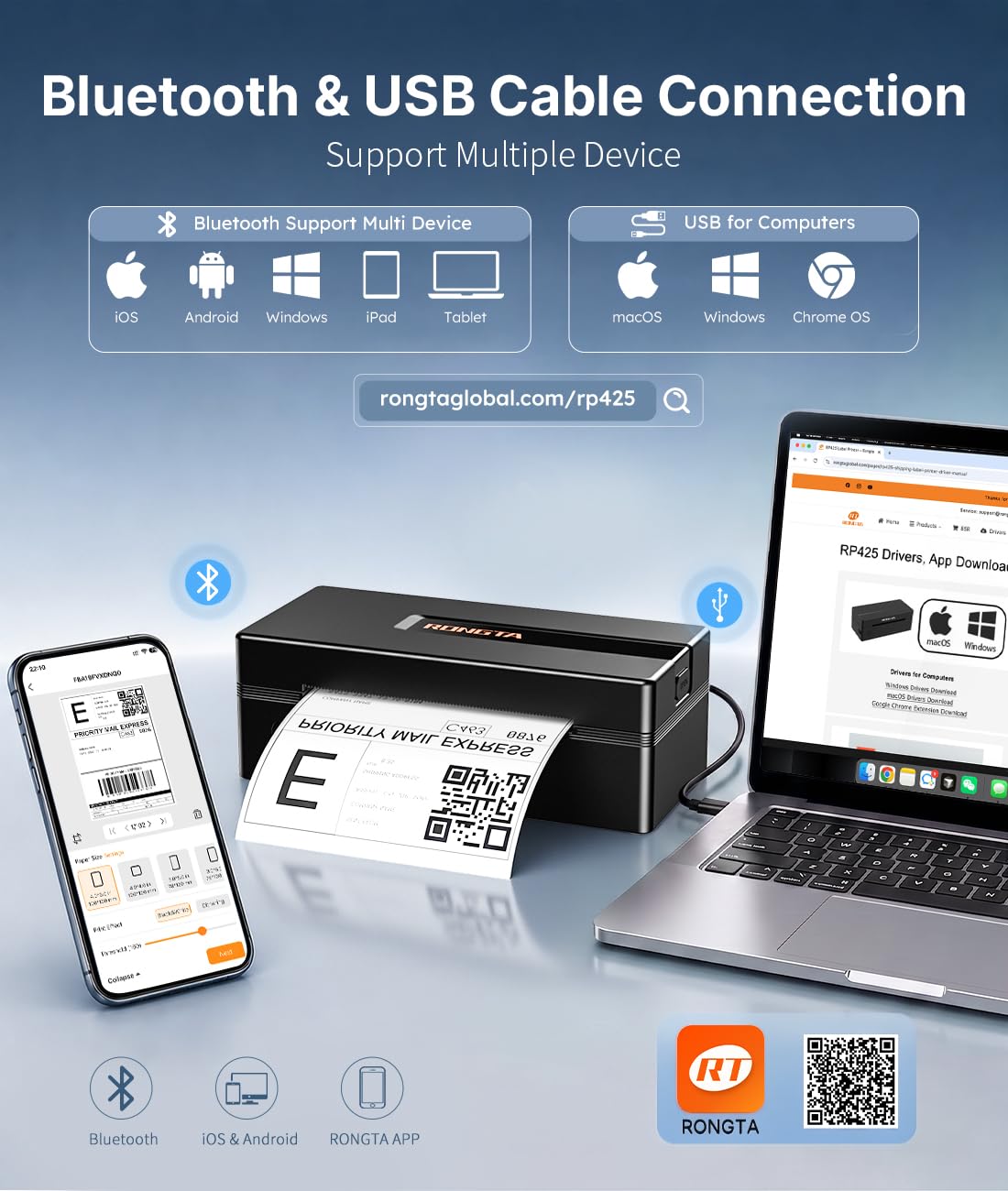 Rongta Imprimante d'étiquettes d'expédition thermique Bluetooth : étiqueteuse sans fil 4 x 6 pour petites entreprises – Compatible avec Windows, Mac, iPhone et Android, largement utilisée pour les
