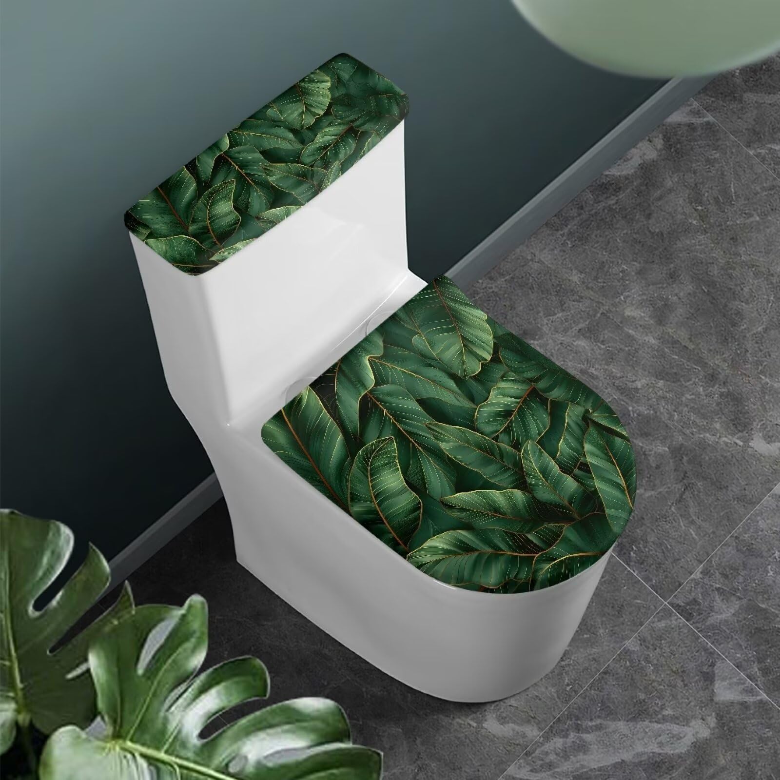 Wiryuouvt Green Leaves Toilet Lid Covers for Bathroom Toilet Seat Cover Set Toilet Lid Cover Set Oval Toilet Seat Cover with Retractable Belt Decoration Stylish Gifts for Friends