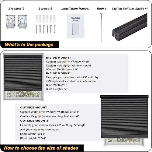 Miniatura 6 de Persilux Persianas celulares 100 % opacas, sin cordones, de 1.8 pulgadas, persianas individuales de panal de abeja, persianas celulares con