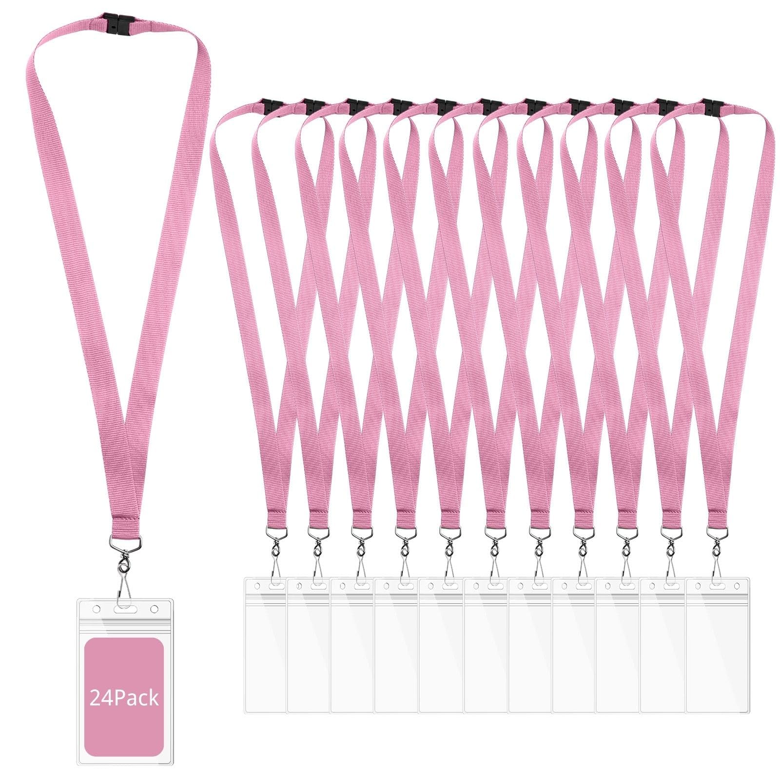 WEZEBEL 24-Pack Pink Breakaway Lanyards with Waterproof Badge Holders, Polyester Neck Straps for ID Cards, Events, Office, and Schools