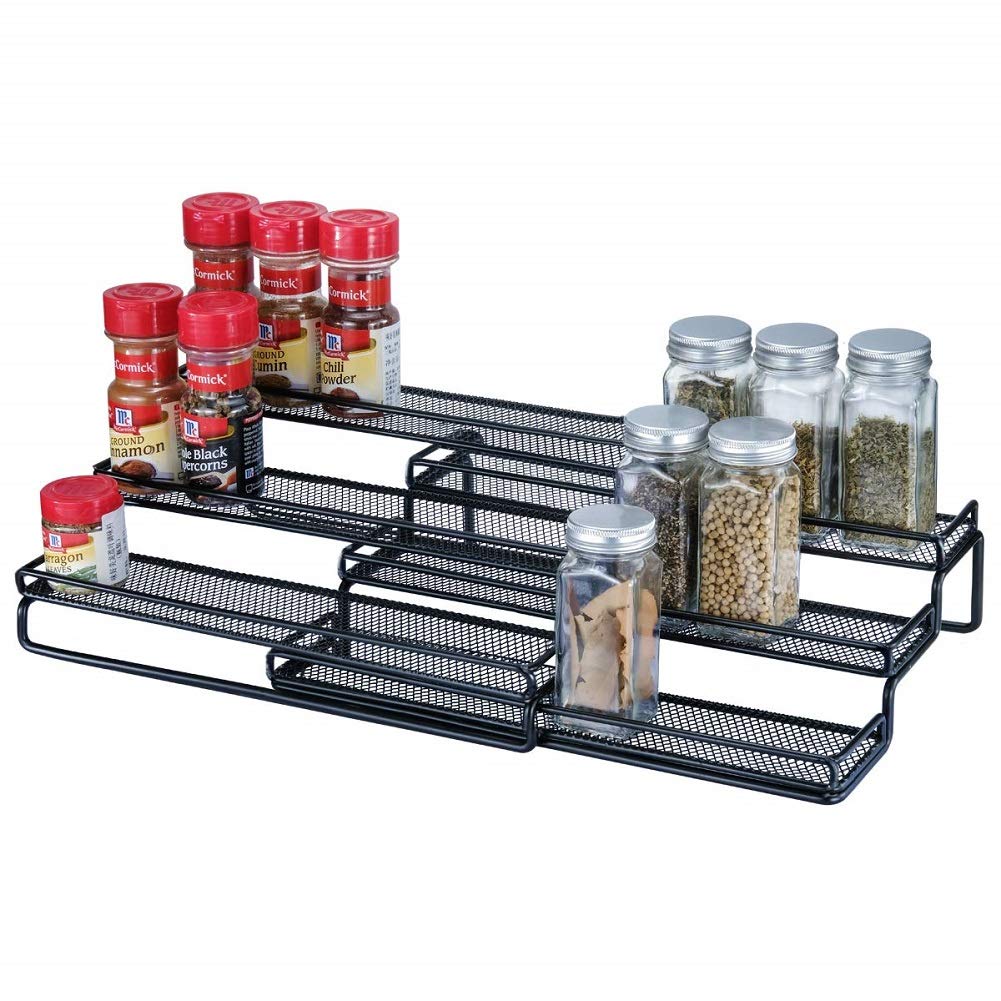 3 Tier Spice Rack Expandable Cupboard Shelf Organiser Kitchen Cabinet Storage Shelves For Spices Black Amazon Co Uk Kitchen Home