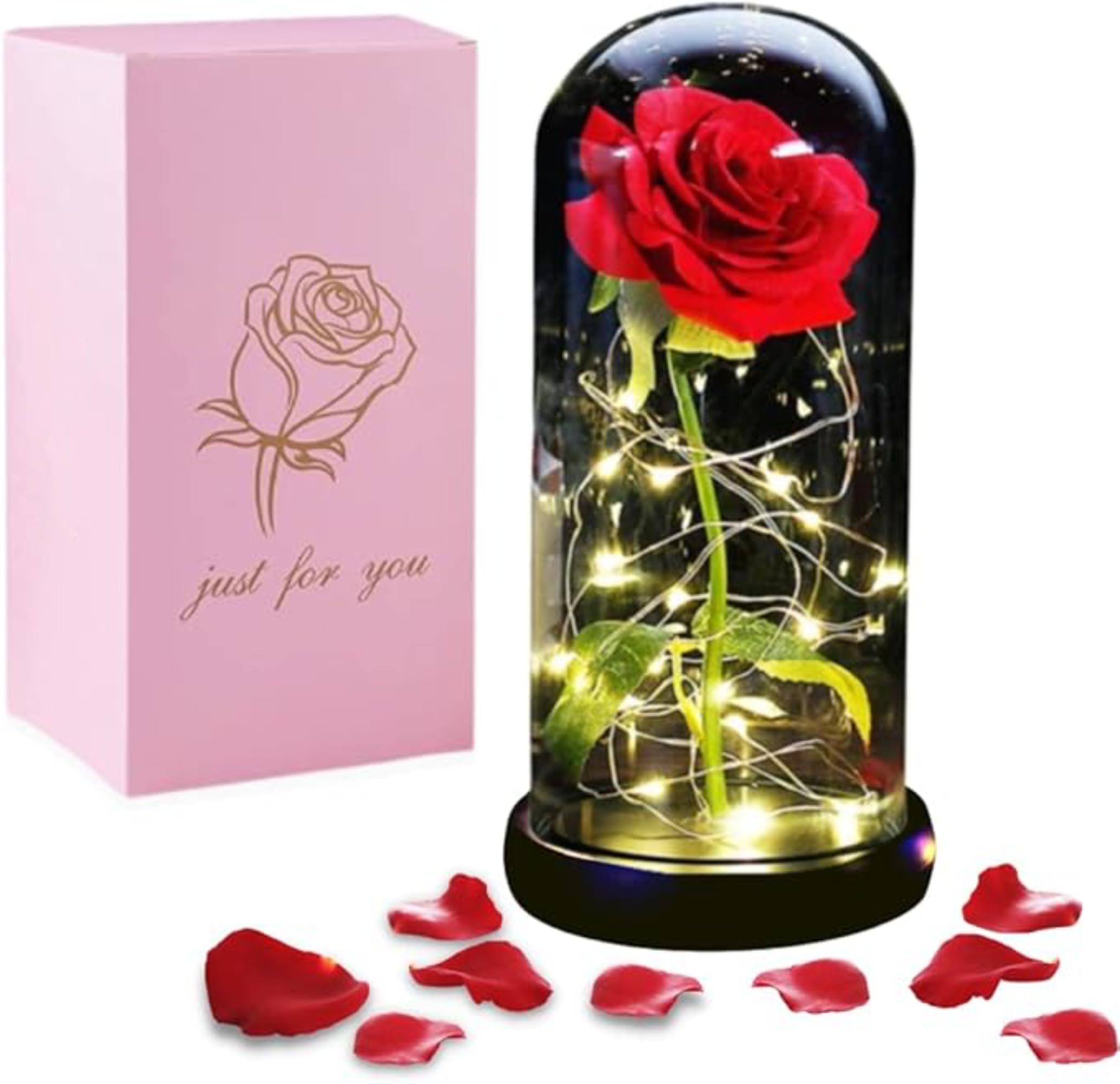 Beauty and The Beast Rose - Enchanted Red Silk Rose in Glass Dome with LED Light - Romantic Rose Kit - for Best Gifts Special Day, Girlfriend, Wedding Anniversary, Birthday etc.