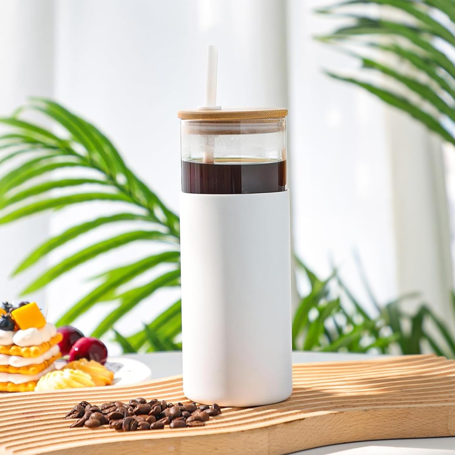 YOGARISE Borosilicate Glass Tumbler with Lid and Straw 600ml, Water & Coffee Tumbler with Silicone Straw & Bamboo Lid, Durable Travel Coffee Mug with Lid (White)