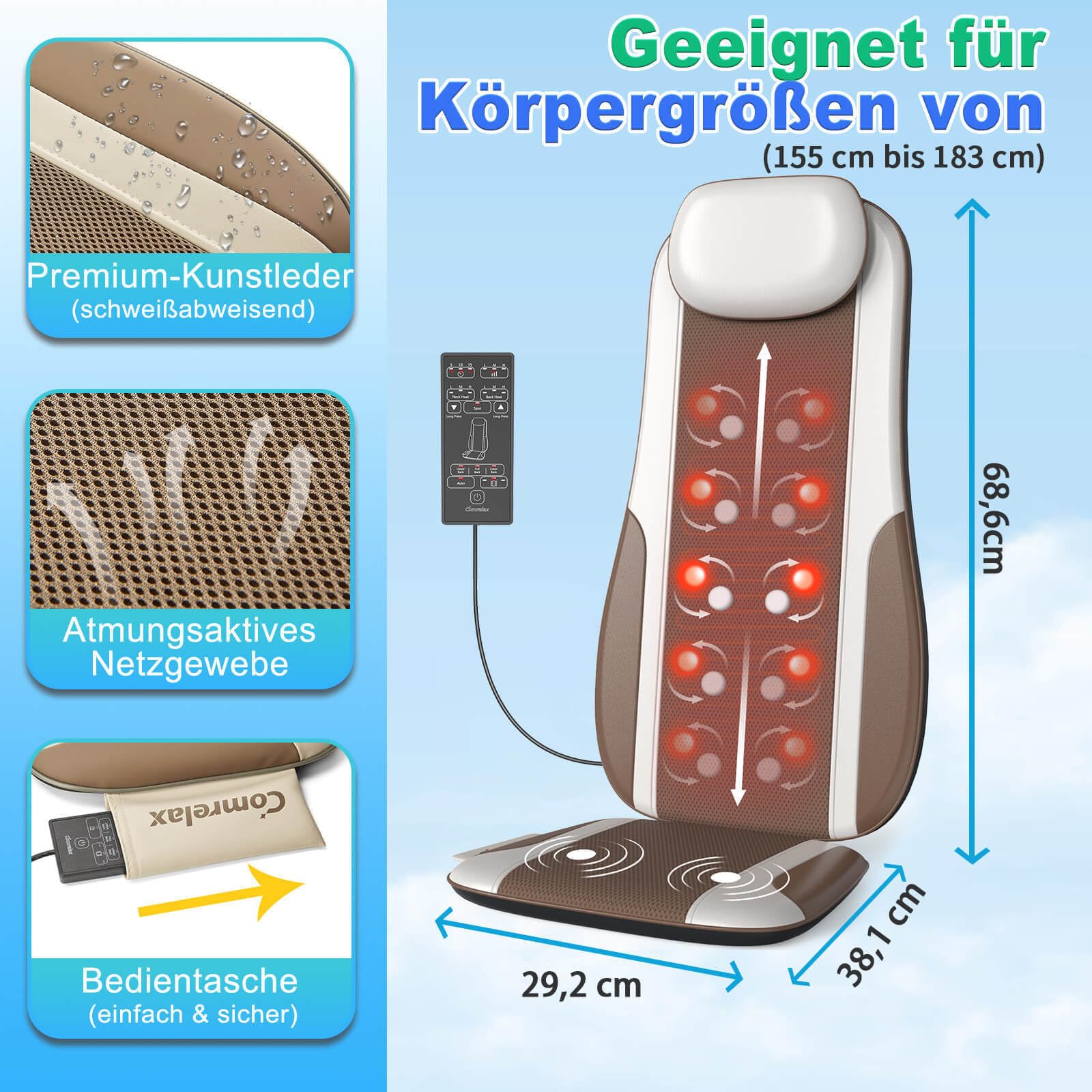 Shiatsu-Rückenmassagegerät mit Wärme, Massage-Sitzkissen für Stressminderung, Tiefenmassage-Knetung & Roller, 2 Vibrationsmotoren, Rücken-, Taillen- und Hüftmassagegerät, PU-Leder, mit 2 Netzteilen