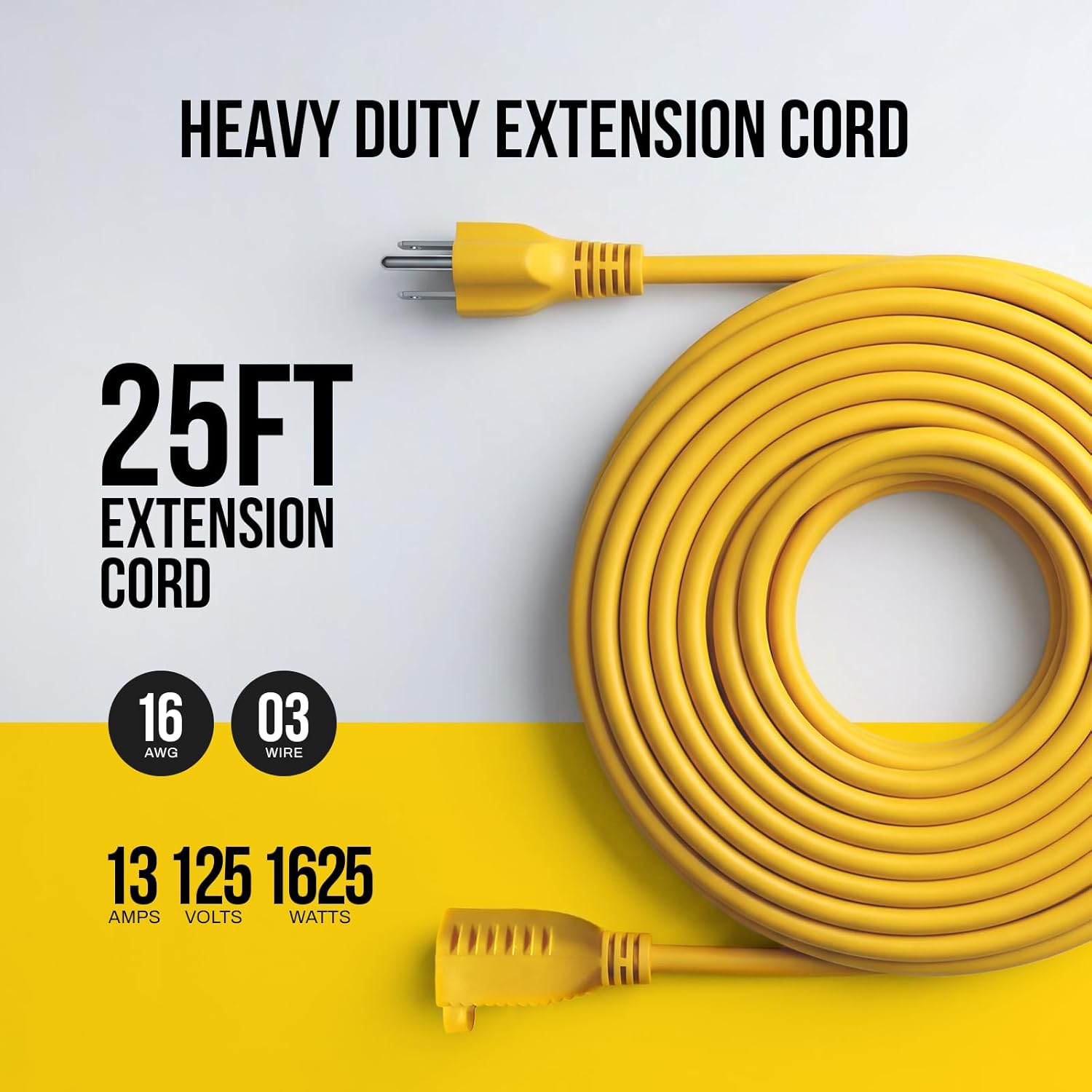 STANLEY 25 ft Outdoor Extension Cord 16/3 AWG SJTW 3 Prong Grounded Power Cable for Tools and Equipment 125V/13A 1625W ETL Listed Yellow