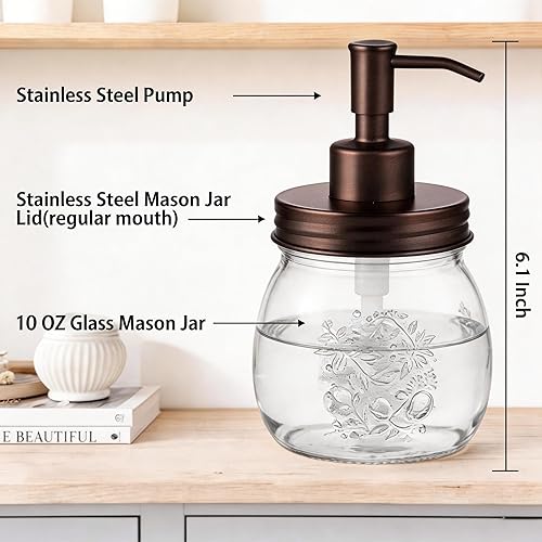 Miniatura 4 de Amolliar Dispensador de jabón líquido en tarro Mason de 10 onzas, bomba y tapa de acero inoxidable, bonita decoración de granja para cocina, baño,