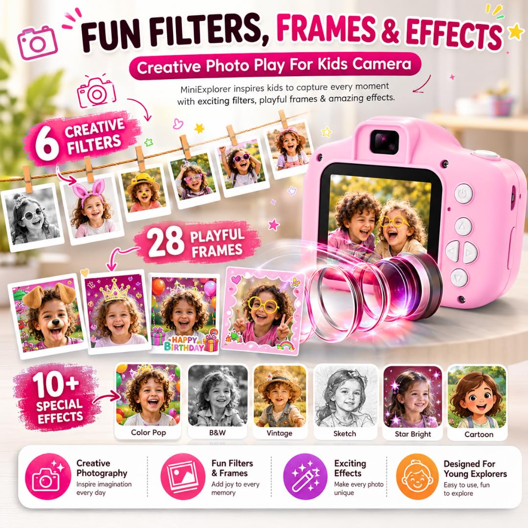 MiniExplorer Mini Camera for Kids 3.0MP 1080P HD Video Digital Camera with 2-Inch Screen, USB Rechargeable Camera for Photo, Supports 32GB SD Card, Toys for Boys & Girls 7-14 Years - Pink — Amazon image 4