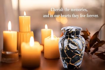 Luxury Black Marble Finish Metal Keepsake Cremation Urn for Ashes | Mini Memorial Urn with Velvet Bag (Luxury Black)