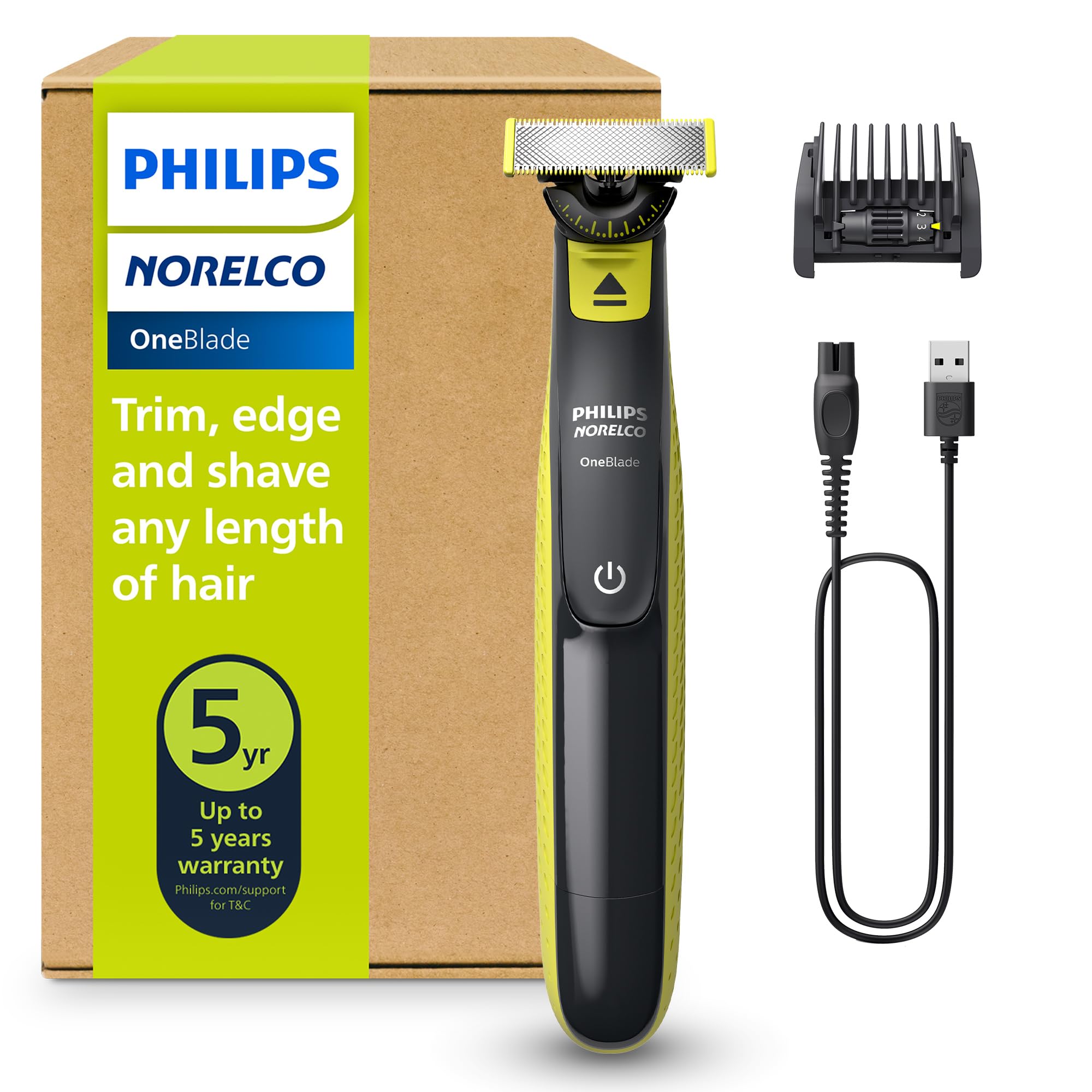 Philips Norelco OneBlade 360 Face, Hybrid Electric Beard Trimmer and Shaver with 5-in-1 Face Stubble Comb, Frustration Free Packaging, QP2724/90