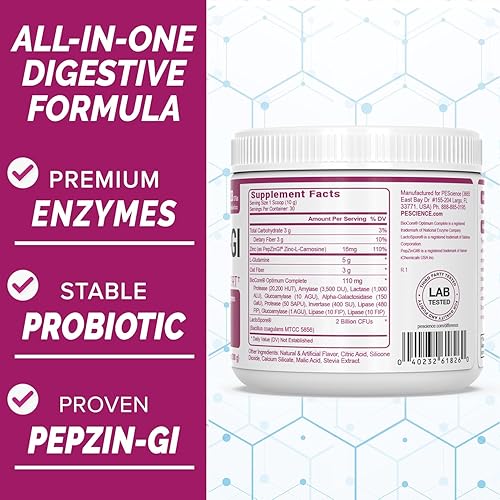 Miniatura 5 de PEScience Complete-GI - Polvo de salud intestinal, probióticos para mujeres y hombres, enzimas digestivas, fibra prebiótica, L glutamina, pepzina
