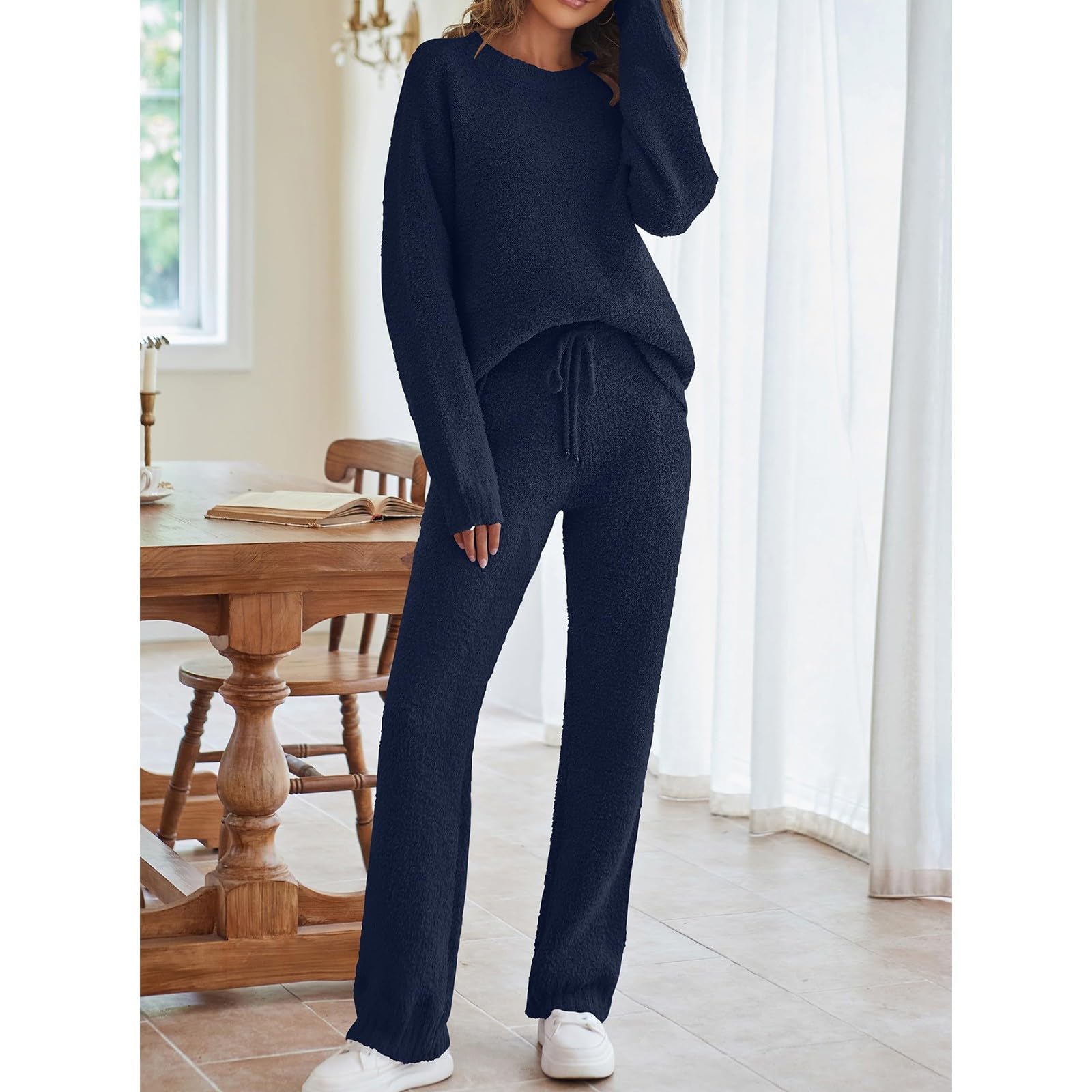 Tuta Donna Eleganti 2 Pezzi Completi Da Ginnastica Manica Lunga Girocollo Tuta Palestra Completo Sportiva Elegante Set Top E Pantaloni a Gamba Larga Tute Per Jogging Fitness Yoga Autunnale Invernale
