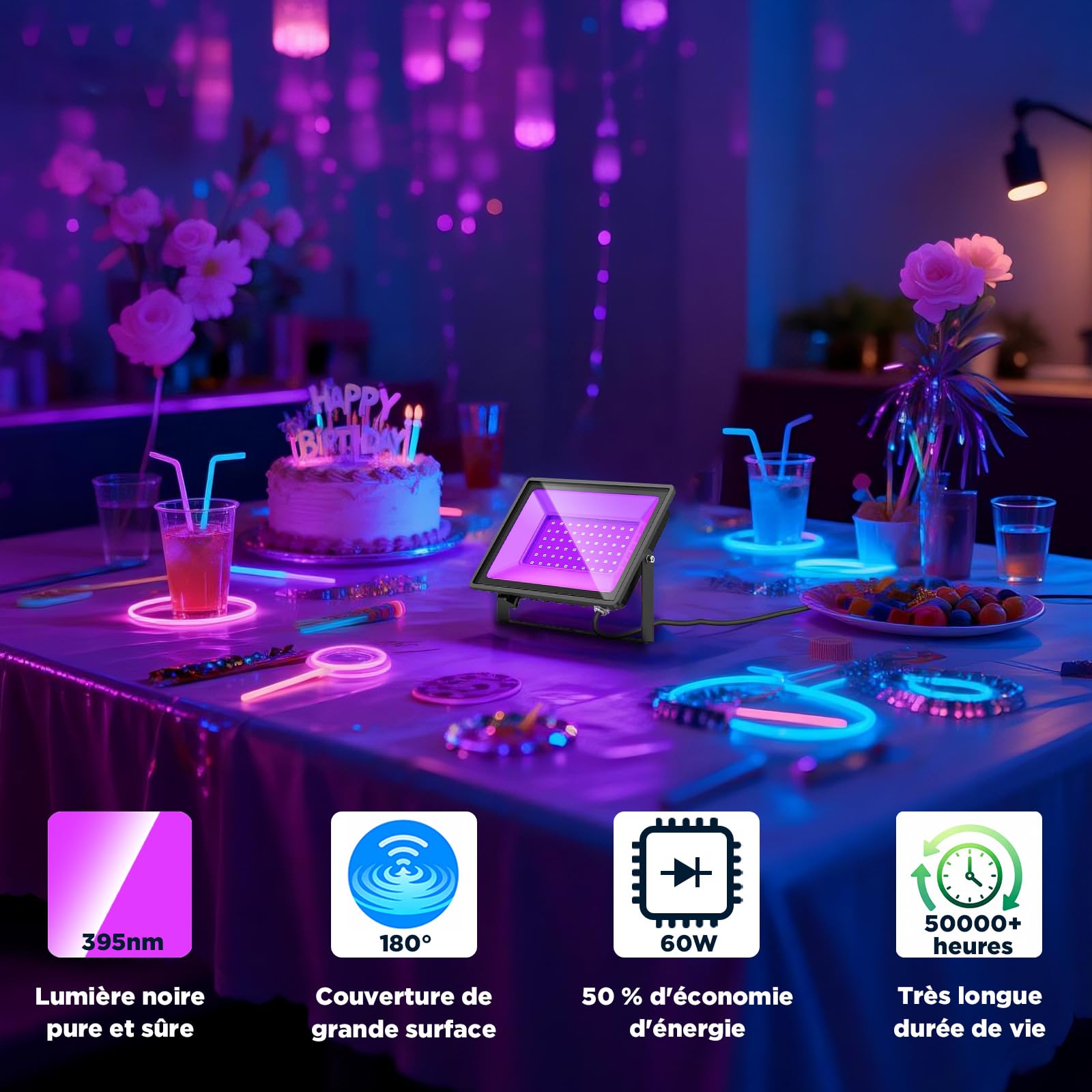 Glostars 60W 4 Pack Projecteurs UV: lumière noire professionnelle 385-400 nm, étanche IP66. Idéal pour créer des ambiances fluorescentes en intérieur/extérieur (Halloween, Noël, événements).