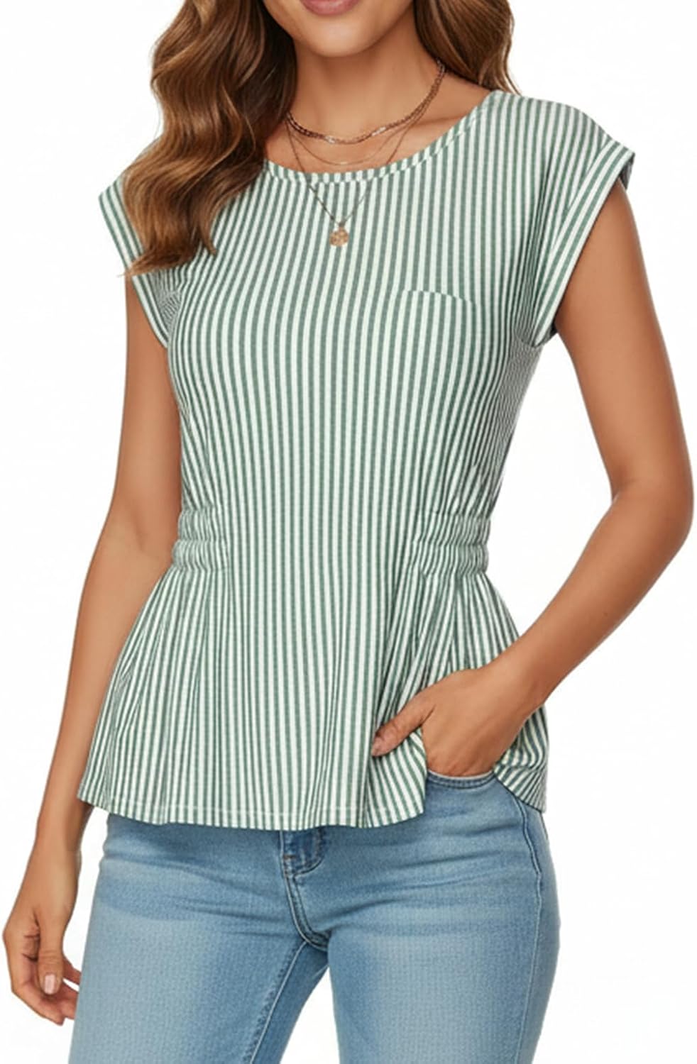 Disamer Womens T Shirts Short Sleeve Spring Striped Babydoll Pleated Blouses Tunic 2026 Vacation Fashion Clothes Summer Tops