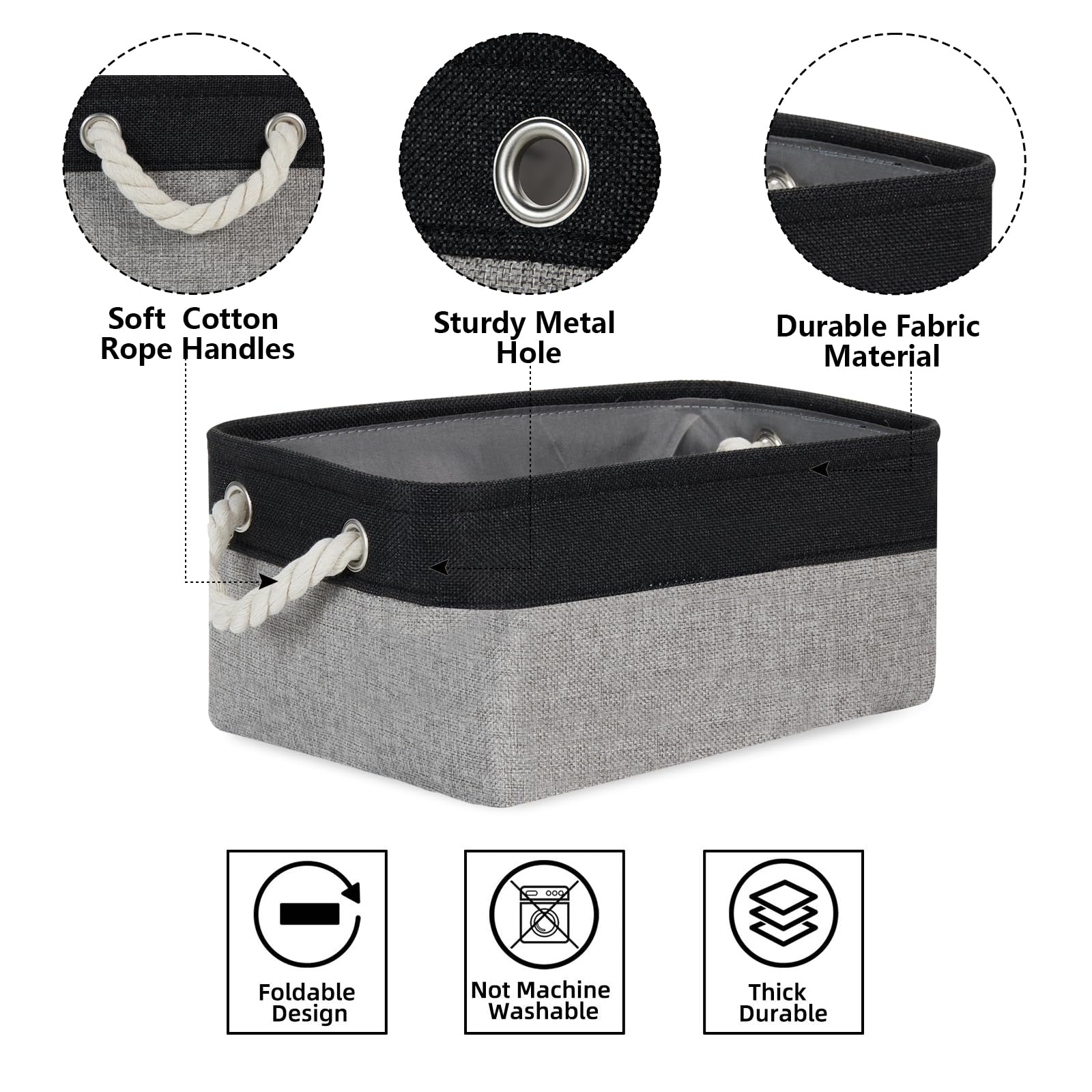 Bidtakay Aufbewahrungskörbe, 6 Stück, klein, Stoff, Leinen, faltbar, 30 x 20 x 12 cm, Organizer-Körbe mit Griffen, dekorative quadratische Körbe für Schrank, Regale, Schrank (schwarz und grau)