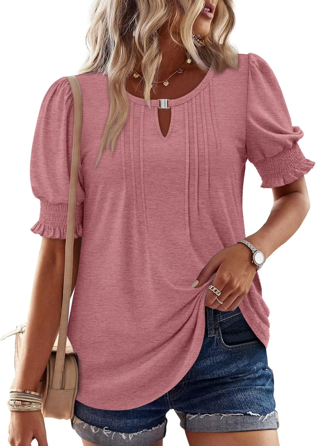 CRAZY GRID Women's Dressy Casual Top Puff Sleeve Summer Shirt Loose Trendy Pleated Blouse - Image 3