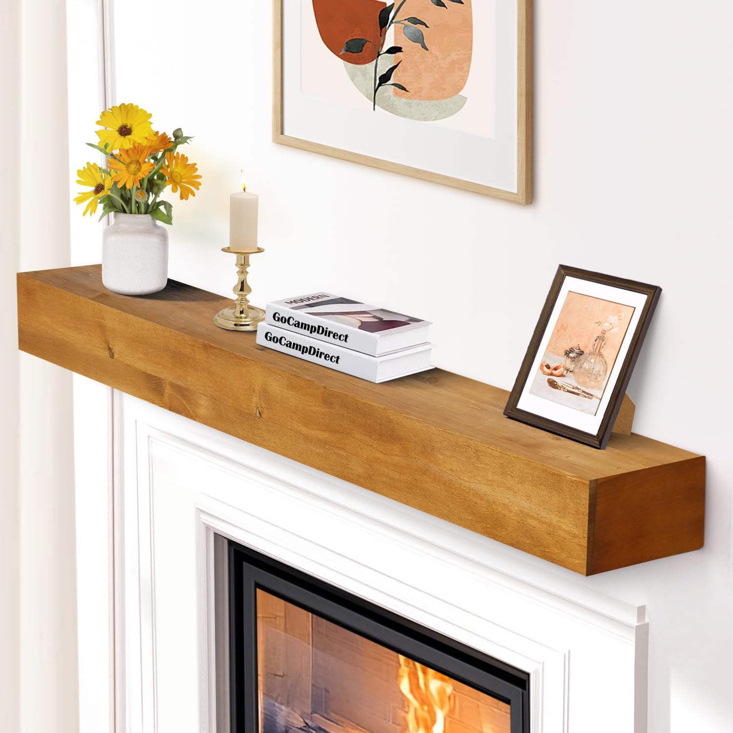 fireplace mantle shelf - 60×8×5inch handcrafted wall floating mantel shelf for over fireplace - rustic traditional wooden fireplace mantels with invisible heavy duty wood bracket - oak