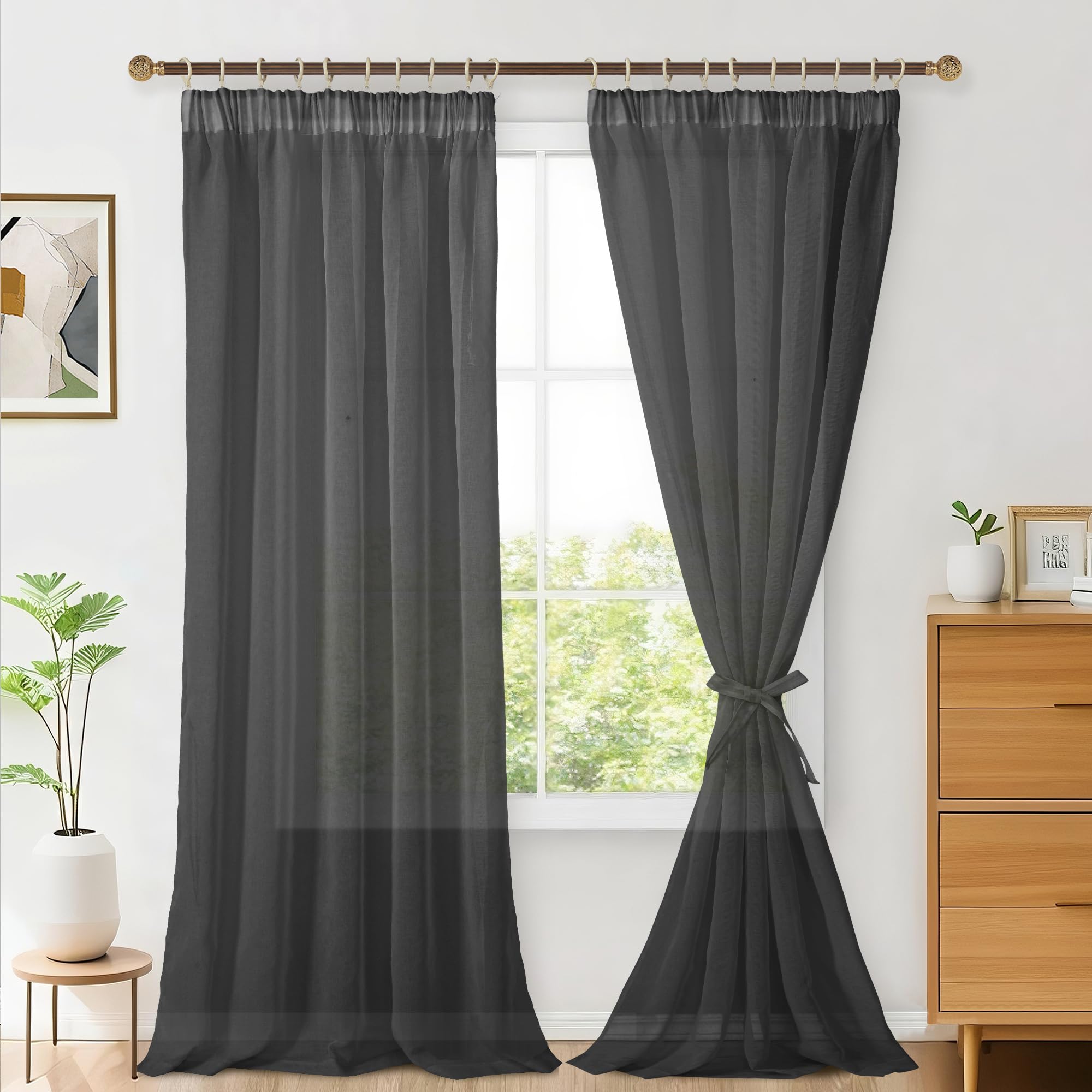 Hiasan 2er Set Sheer Voile gardinen vorhänge gardine Wohnzimmer mit Kräuselband Curtains scheibengardinen Vorhang Transparente Durchsichtig Luftig Dekoschal für Schlafzimmer 260x140cm(HxB) Schwarz