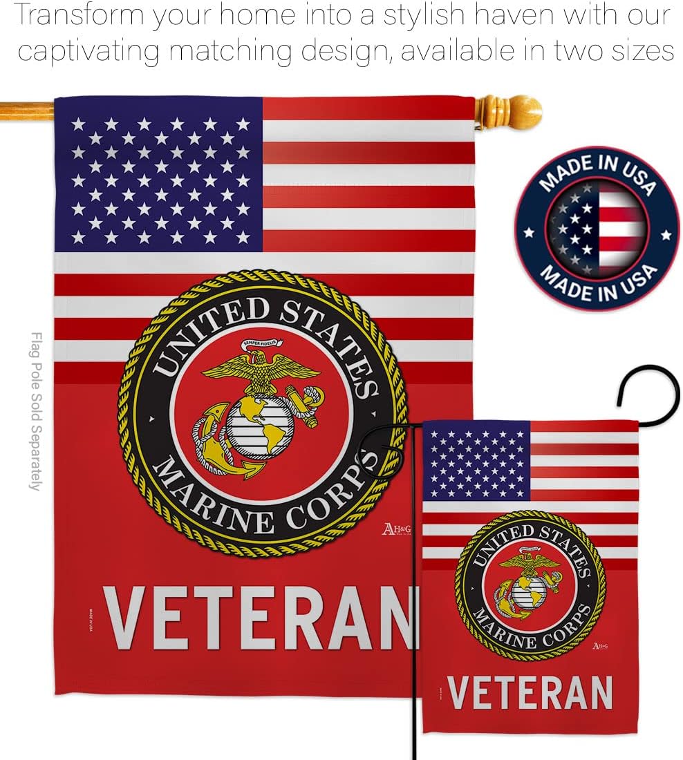 US Marine Corps Veteran House Flag - Dowel Set Armed Forces USMC Semper Fi United State American Military Retire Official - Decoration Banner Small Garden Yard Gift Double-Sided Made in USA 28 X 40