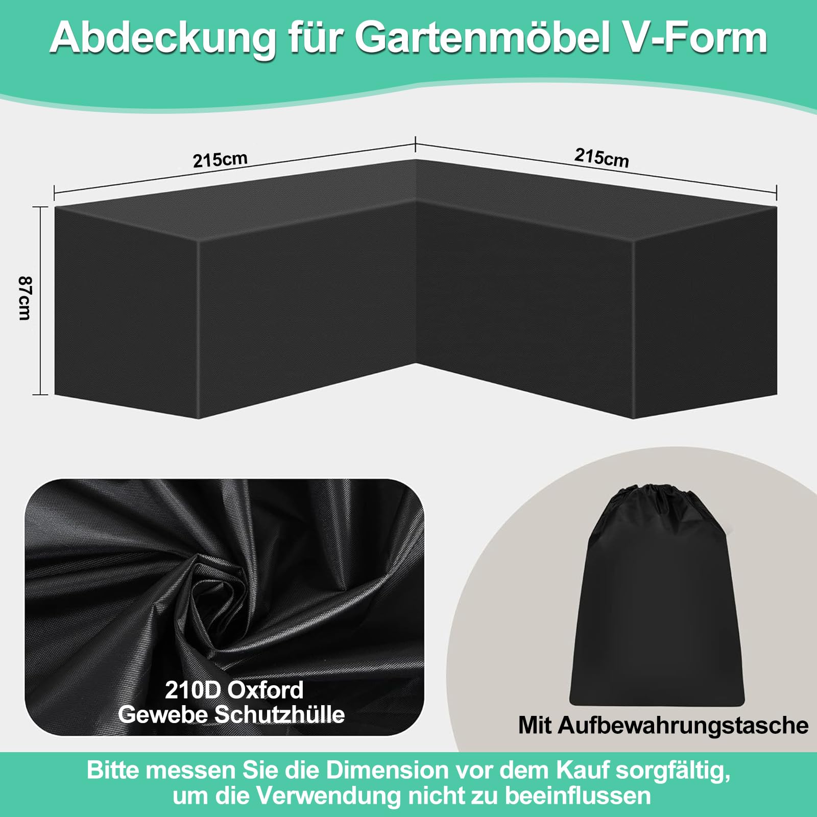 Abdeckung für Gartenmöbel V-Form, Sofa Abdeckung Schutzhülle Gartenmöbel Wasserdicht, Winddicht UV-Beständiges, 210D Oxford Gewebe Schutzhülle für V Form Lounge Sofa, Ecksofa -215 x 215 x 87cm