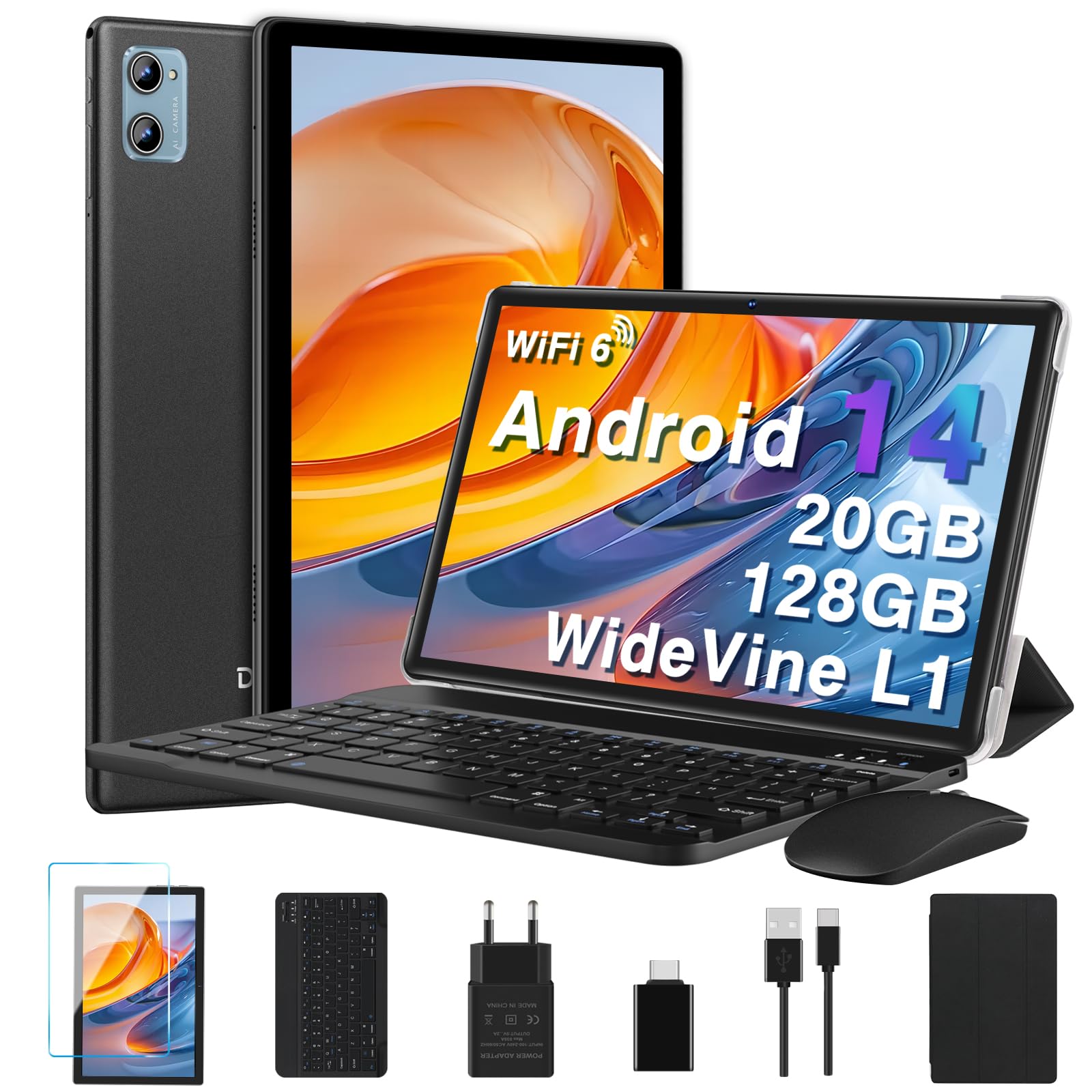 2026 Tablette 10 Pouces Android , 20 Go RAM + 128 Go ROM (TF 2 To), Octa Core/5G+2,4G Wi-Fi 6/Bluetooth 5.0/6000 mAh/Widget/8 MP + 5 MP/Widevine L1/GMS ,Tablette 2 en 1 avec Clavier et Souris - Noir