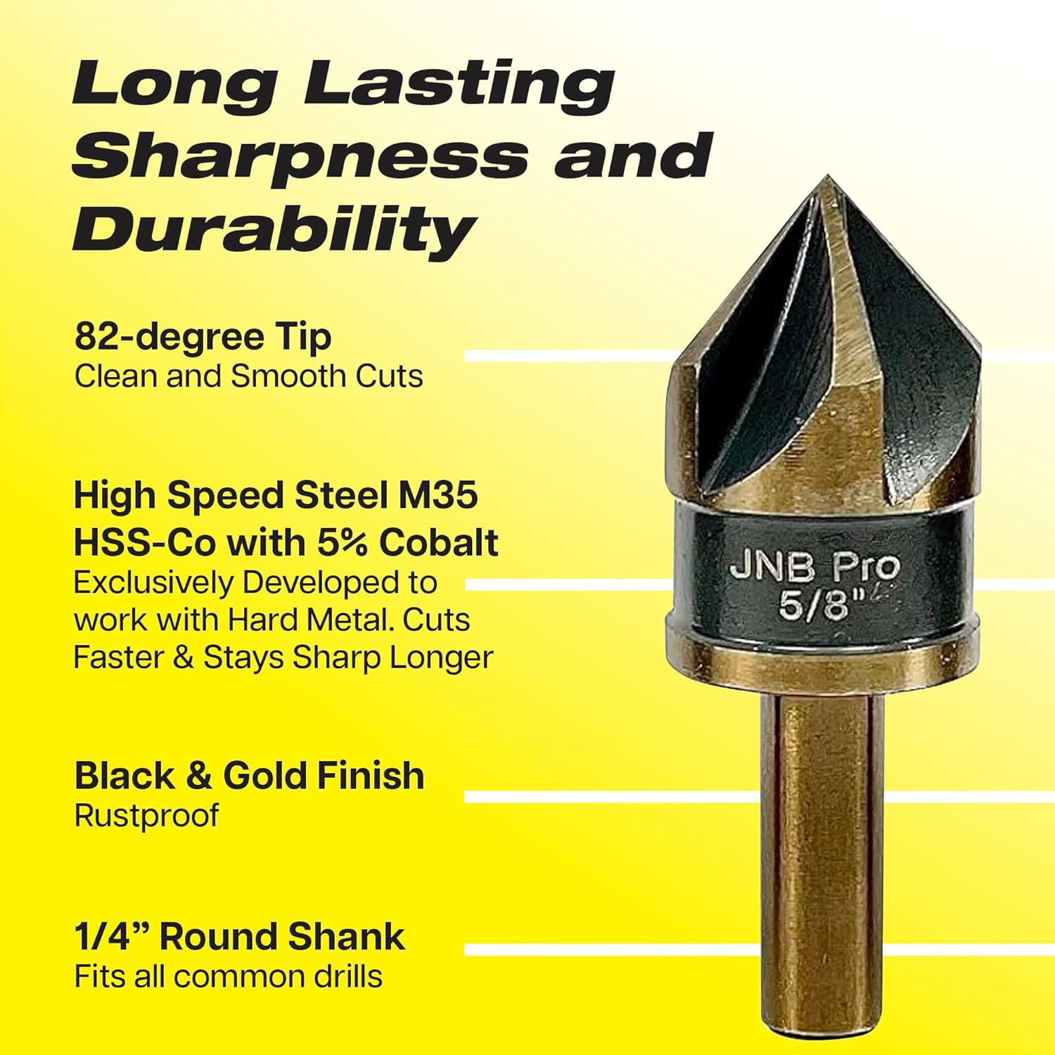 JNB Pro 5PC Countersink Bits for Steel - Sizes 1/4" 3/8" 1/2" 5/8" 3/4", Metal Working Countersinks, 5 Flute Design 82° M35 HSS 5% Cobalt Grade Bit 1/4" Shank - Ideal for Stationary or Hand Drill