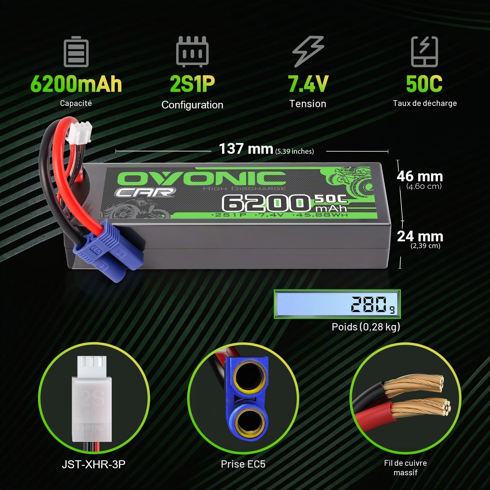OVONIC 2SLipo Lot de 2 batteries 6200 mAh 7,4 V 50 C avec fiche EC5 pour voiture RC Evader Truck Truggy BX Quadcopter hélicoptère camion bateau avion
