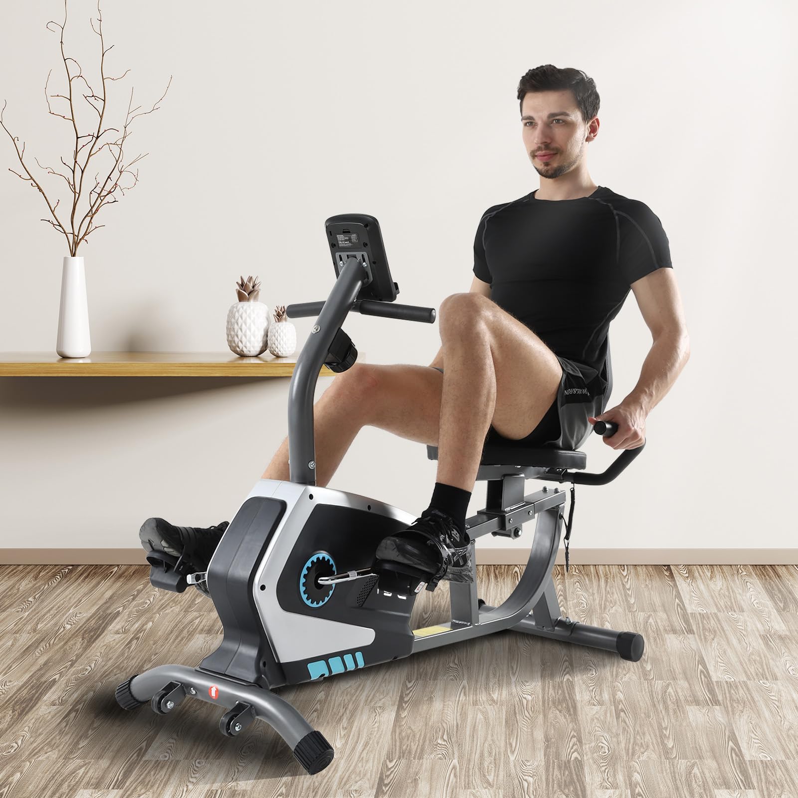 ISE Cyclette da Seduta Magnetica con Schienale, Cyclette Orizzontale da Casa con Resistenza Regolabile Schermo LCD Supporto per Smartphone