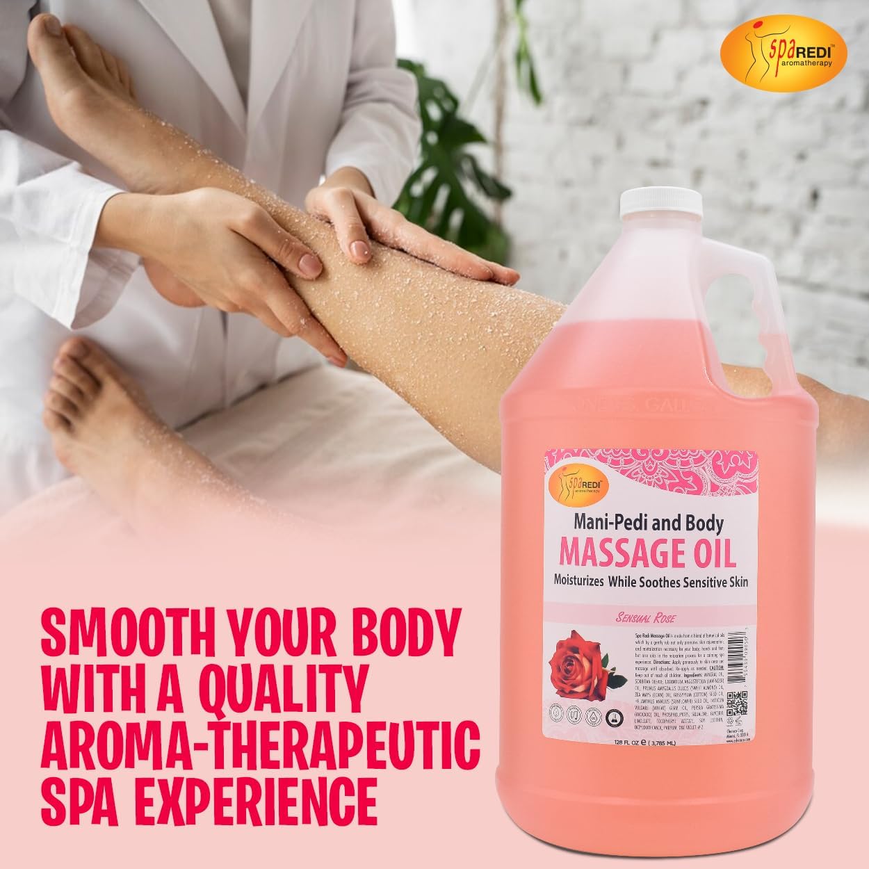 SPA REDI - Sensual Rose Massage Oil, 128 Oz - Professional Pedicure, Manicure & Full Body Therapy, Blend of Almond, Cotton Seed, Sunflower & Avocado Oils, Infused with Essential Oils & Vitamin E