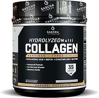 SASCHA FITNESS Hydrolyzed Multi Collagen Peptides Tipes 1,2 & 3 |Hyaluronic Acid|Biotin |Cynatine HSN|Vitamin C & E |for Hairs, Skin & Bone Support|Caramel Macchiato