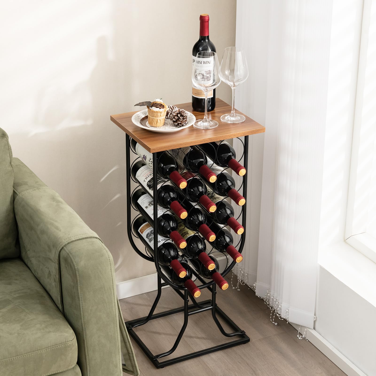 KOMFOTTEU Botellero para 14 Botellas con Ruedas, Soporte Móvil para Vino con Marco Metálico y Tabla de Madera, Organizador Exhibidor de Almacenamiento de Vino, para Comedor, Bar, Bodega, 39×30×76 cm
