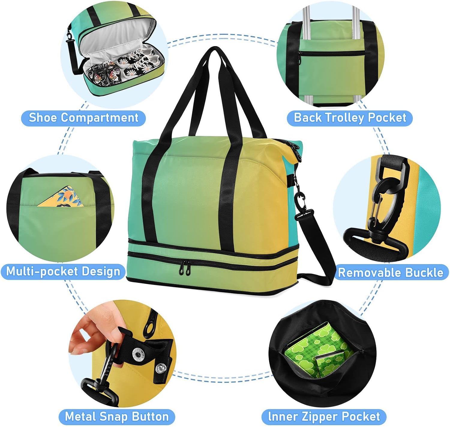 Turquoise Yellow Gradient Travel Duffle Bag for Women Men Sports Duffel Bag with Separate Shoe Compartment and Toiletry Organizer Travel Bag Gym Bag for Travel Beach Gym
