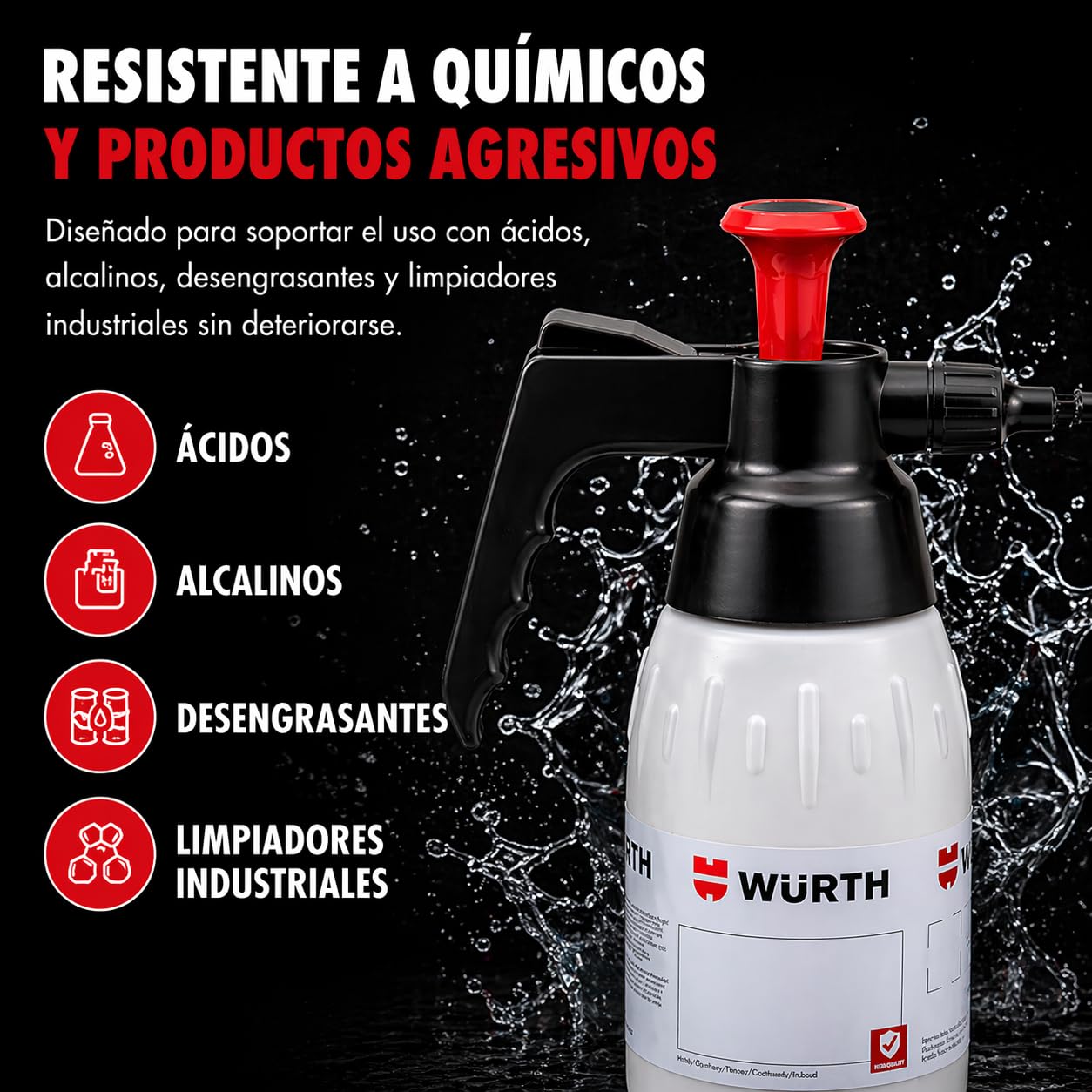 Wurth Pulverizador Presión Químicos y acidos Profesional, Pulverizador Industrial Ideal para Detailing Coche, Taller e Industria, Boquilla Ajustable - 1 Litro